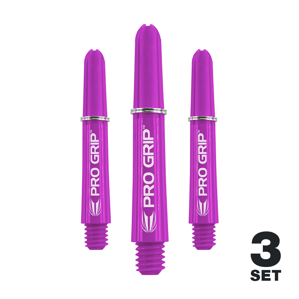 Target Pro Grip Shafts - 3 Sets - Purple Das Bild zeigt drei lila Dartshafts der Marke PRO GRIP. In der rechten unteren Ecke steht „3 SET“, was auf ein Set mit drei Stück hinweist.