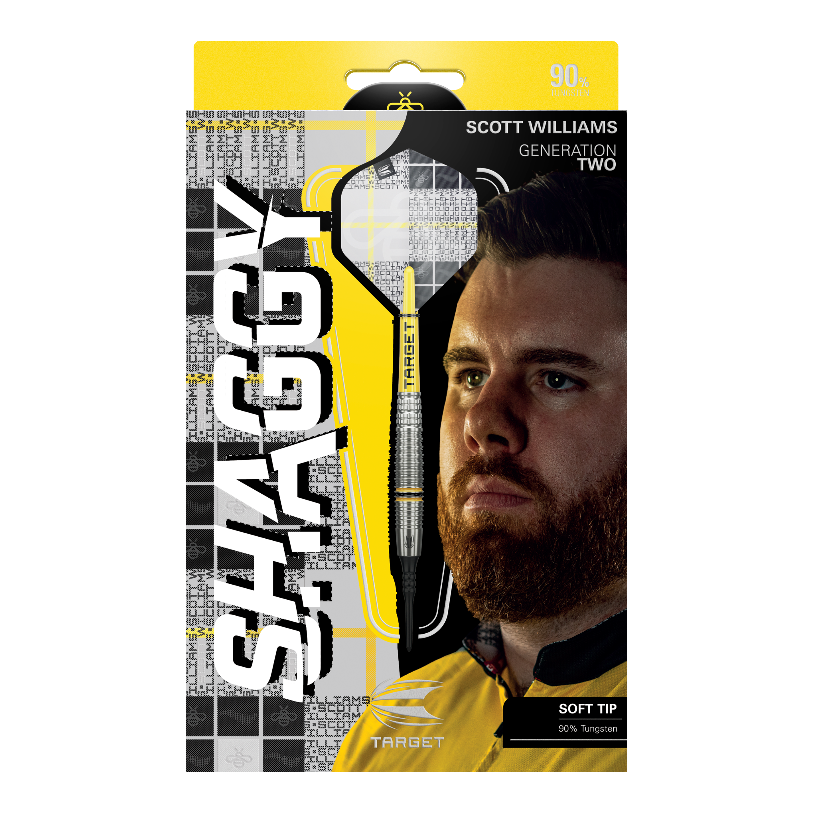 Target Scott Williams GEN2 soft darts - 18g Das Bild zeigt die Verpackung der "Target Scott Williams GEN2 Softdarts - 18g". Auf der Vorderseite sind ein Dartpfeil, das Gesicht von Scott Williams und der Schriftzug "SHAGGY" prominent zu sehen.