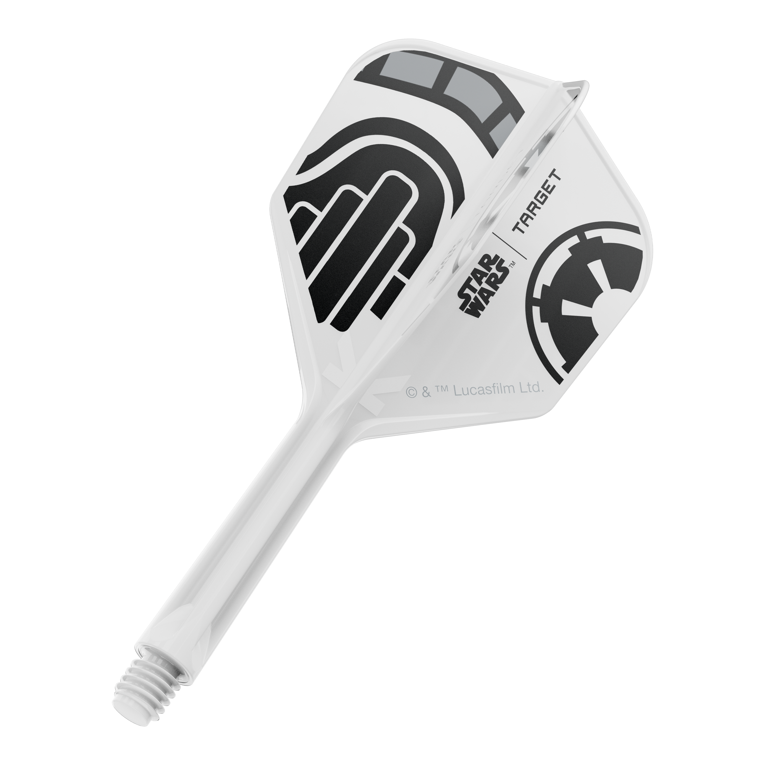 Ein Dart-Flight aus der Star Wars KFlex Stormtrooper No6 Serie ist auf dem Bild. Der Flight ist intermediate und misst 26 mm.