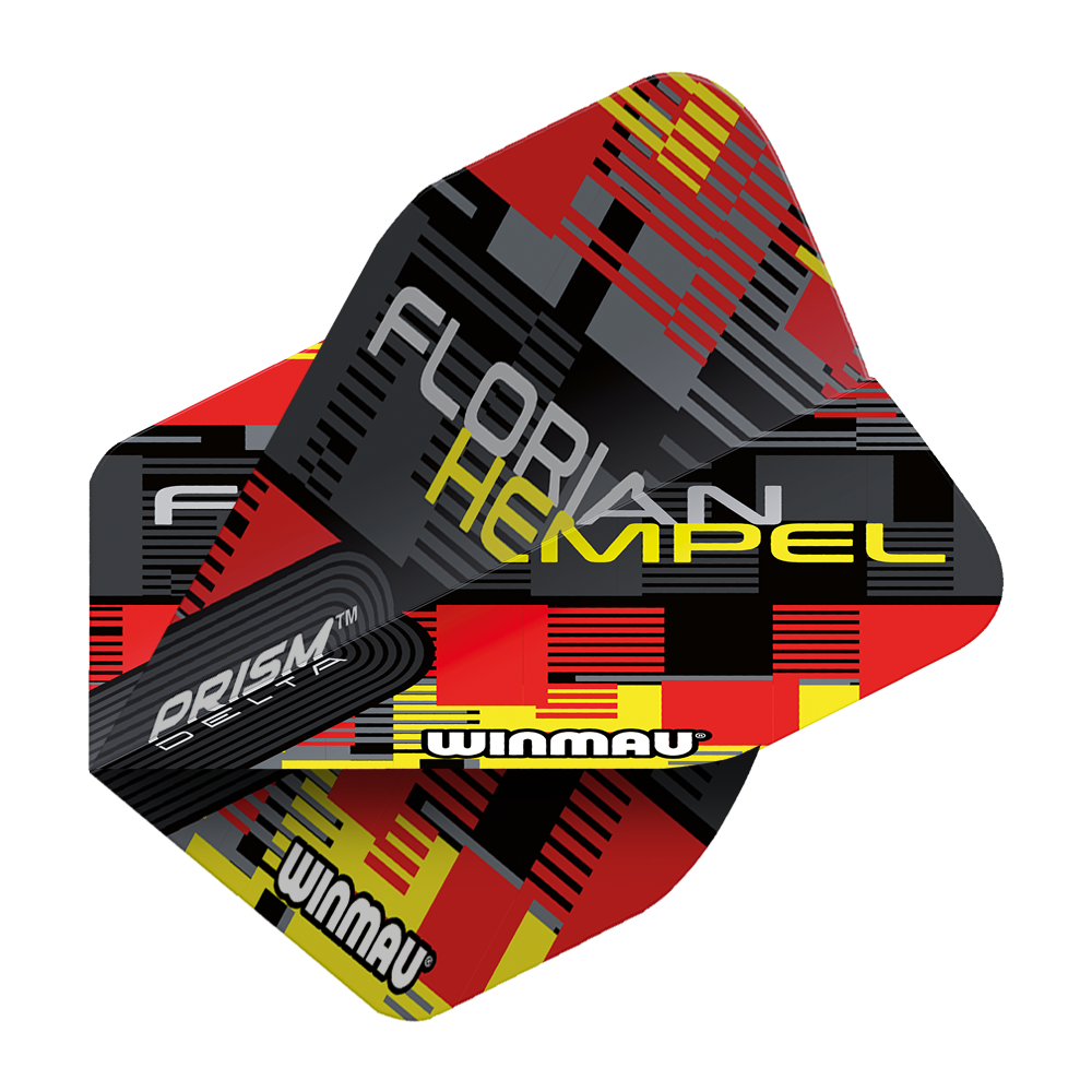 6915-259_Winmau_Prism_Delta_Florian_Hempel_Metallic_Standard_Flights_2 Das Bild zeigt die Winmau Prism Delta Florian Hempel Metallic Standard Flights. Die Flights haben ein auffälliges Design in Schwarz, Rot und Gelb mit dem Namen „Florian Hempel“ darauf.
