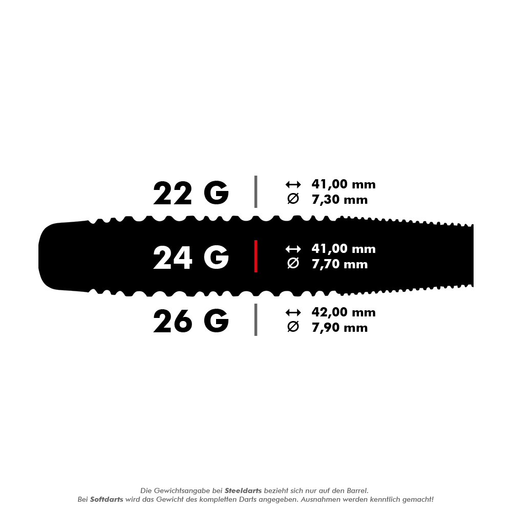 Auf dem Bild werden die Maße und Gewichte von drei verschiedenen Steeldarts gezeigt: 22g, 24g und 26g. Für jede Gewichtsklasse sind die Länge und der Durchmesser des Barrels in Millimetern angegeben.