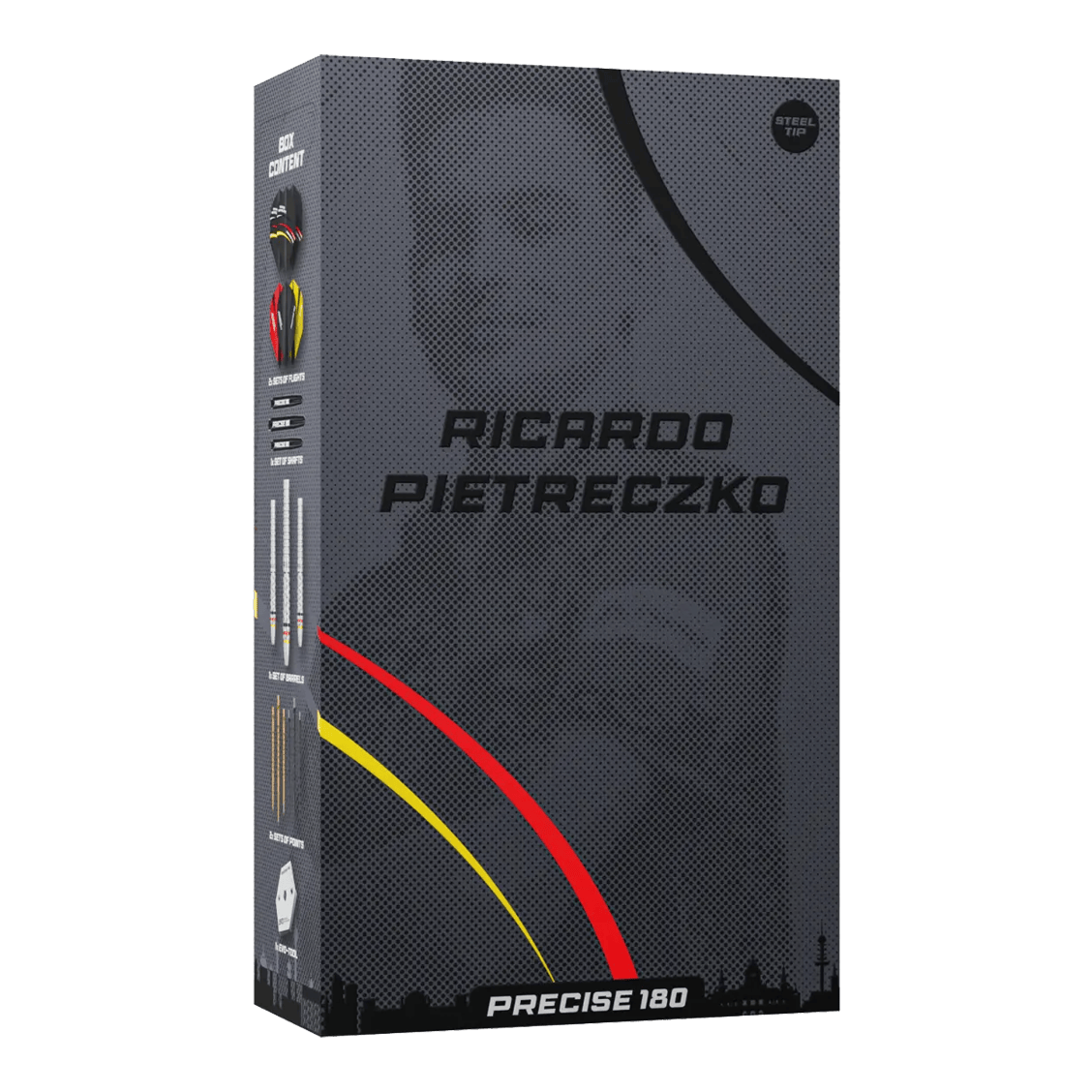 Precise 180 Ricardo Pietreczko GEN1 Steeldarts zeigen das Design dieser hochwertigen Dartpfeile. Diese Darts sind ideal für Wettkampfspieler.