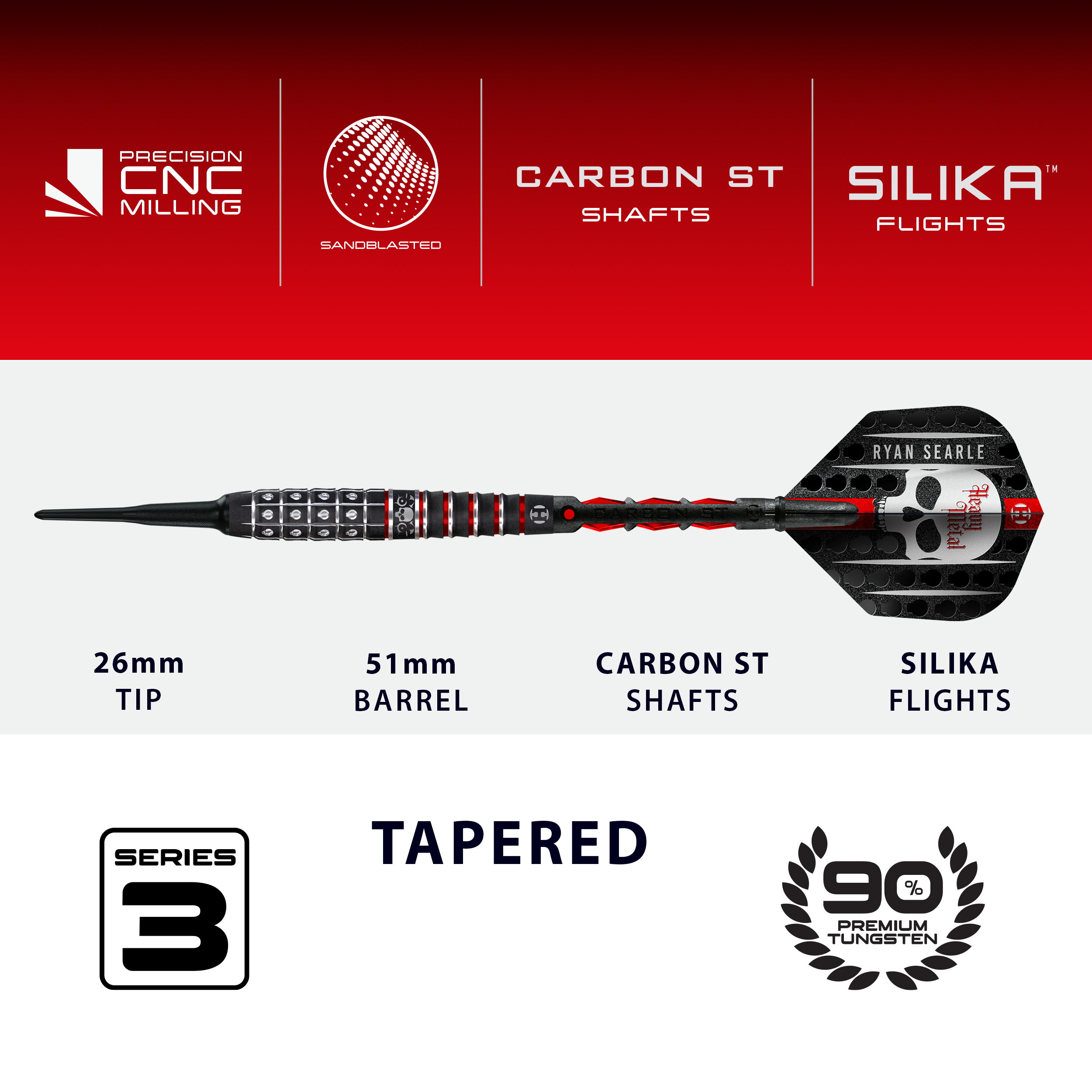 Das Bild zeigt die Harrows Ryan Searle Series 3 Softdarts. Diese Dartpfeile sind für den Softdartbereich konzipiert.