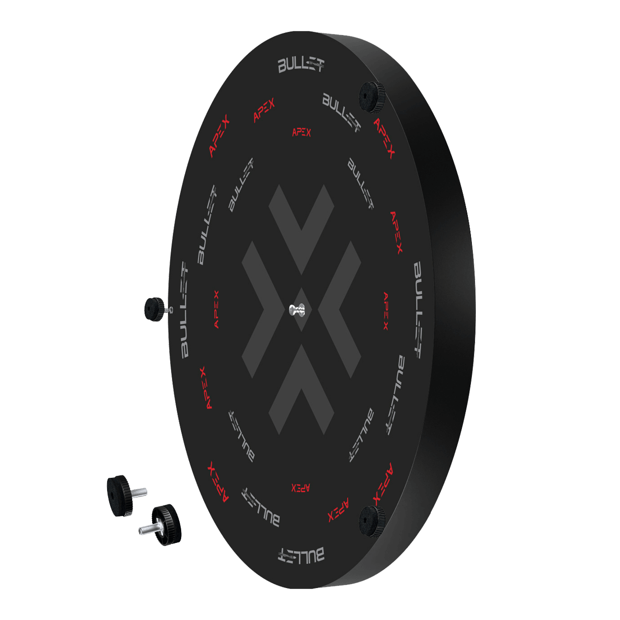 Dies ist das Bullet Apex Steeldartboard. Das Bild zeigt das Produkt in Nahaufnahme.