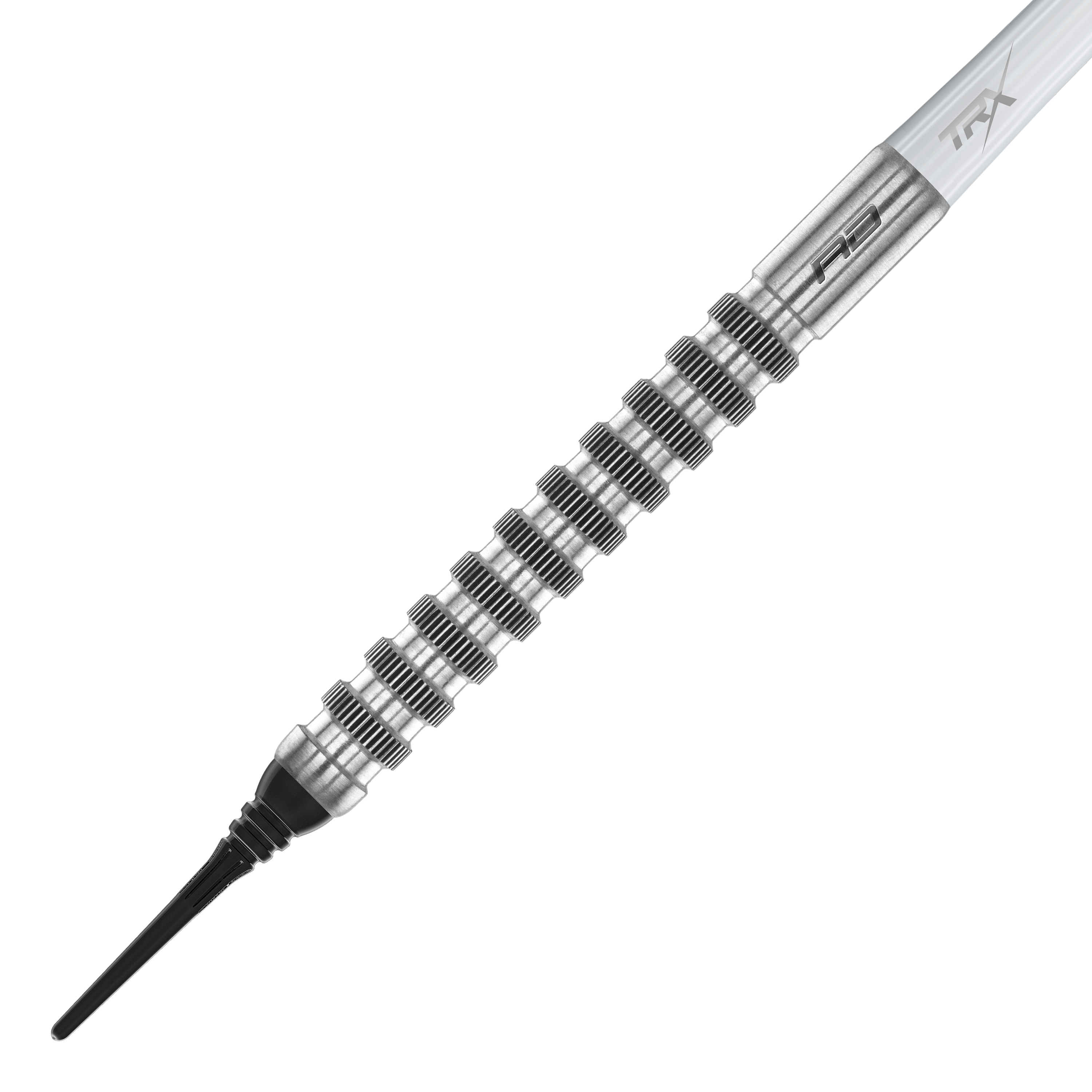 Red Dragon Javelin Speedline Soft Darts - 20g Das Bild zeigt einen Red Dragon Javelin Speedline Softdart mit einem Gewicht von 20g. Der Dart hat ein silbernes, geriffeltes Barrel und eine schwarze Softspitze.