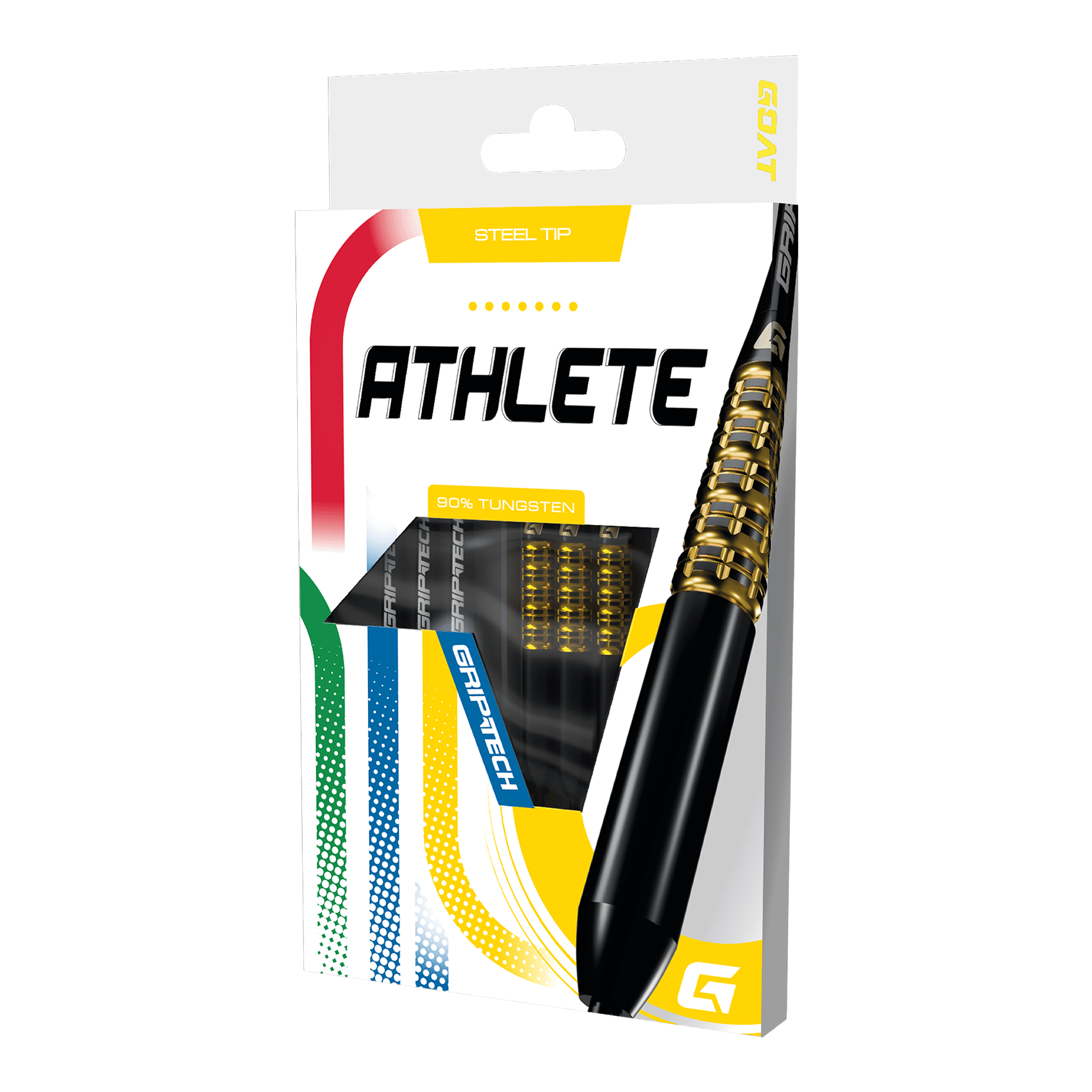 Das Foto zeigt einen gelben Tungsten-Steeldart. Das Produkt wird als 'GD7000770 GOAT Athlete Yellow Tungsten Steeldarts 3' bezeichnet.