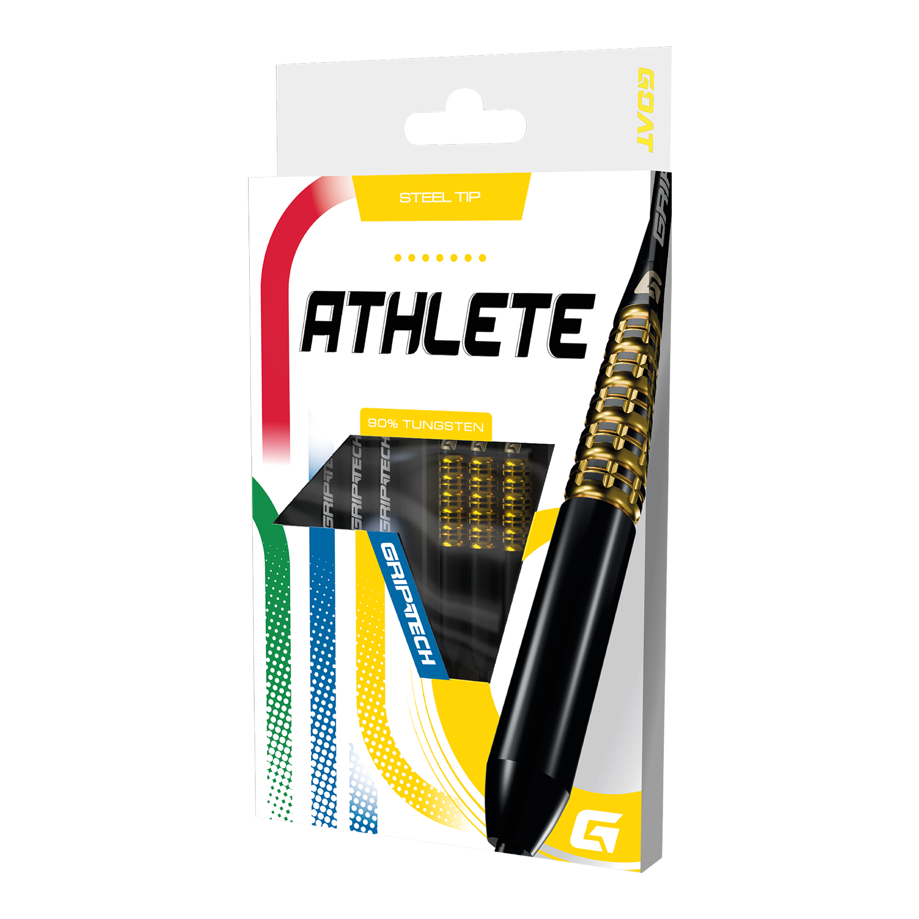 GOAT Athlete Yellow Tungsten Steel Darts Das Foto zeigt einen gelben Tungsten-Steeldart. Das Produkt wird als 'GD7000770 GOAT Athlete Yellow Tungsten Steeldarts 3' bezeichnet.