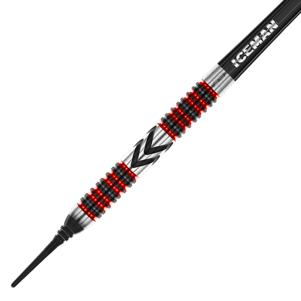 RD2569_Red_Dragon_Gerwyn_Price_Firebird_Softdarts_2 Dies ist ein Red Dragon Gerwyn Price Firebird Softdart mit einem Gewicht von 20g. Der Dart hat ein auffälliges Design mit roten und schwarzen Ringen sowie der Aufschrift „ICEMAN“.