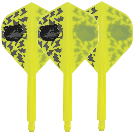 Das Bild zeigt drei gelbe Dartflights mit schwarzem Bärenmotiv und Blitzmustern. Die Flights gehören zum Produkt „Condor Axe Black Bear Miyu Miyawaki Flight-Shaft Yellow – Standard“.