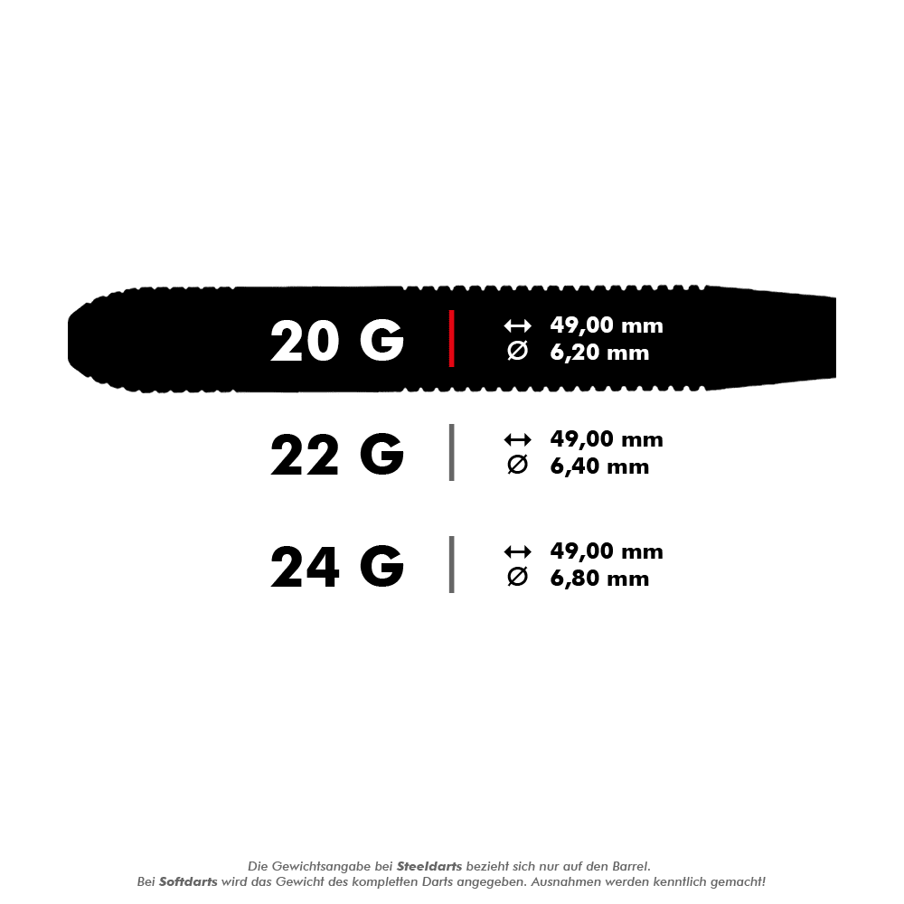 Karella Daniel Klose steel darts Das Bild zeigt die Maße und Gewichte von Steeldarts in 20 g, 22 g und 24 g. Für alle Gewichte beträgt die Länge 49,00 mm, während der Durchmesser je nach Gewicht variiert.