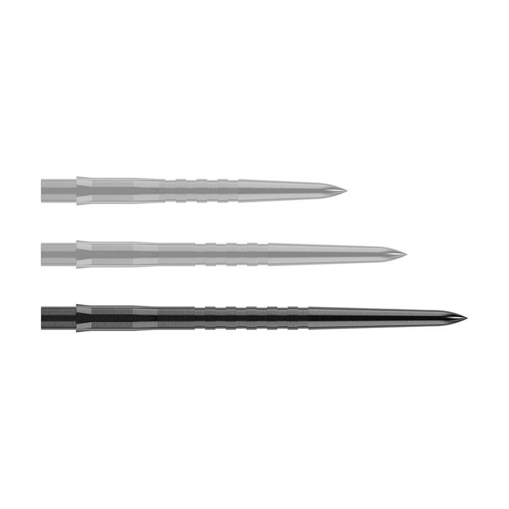Mission Caliburn EVO Dart Tips - Grooved - Black Auf dem Bild sind drei schwarze, gerillte Stahlspitzen für Steeldarts zu sehen. Sie liegen parallel nebeneinander auf einem neutralen Hintergrund.