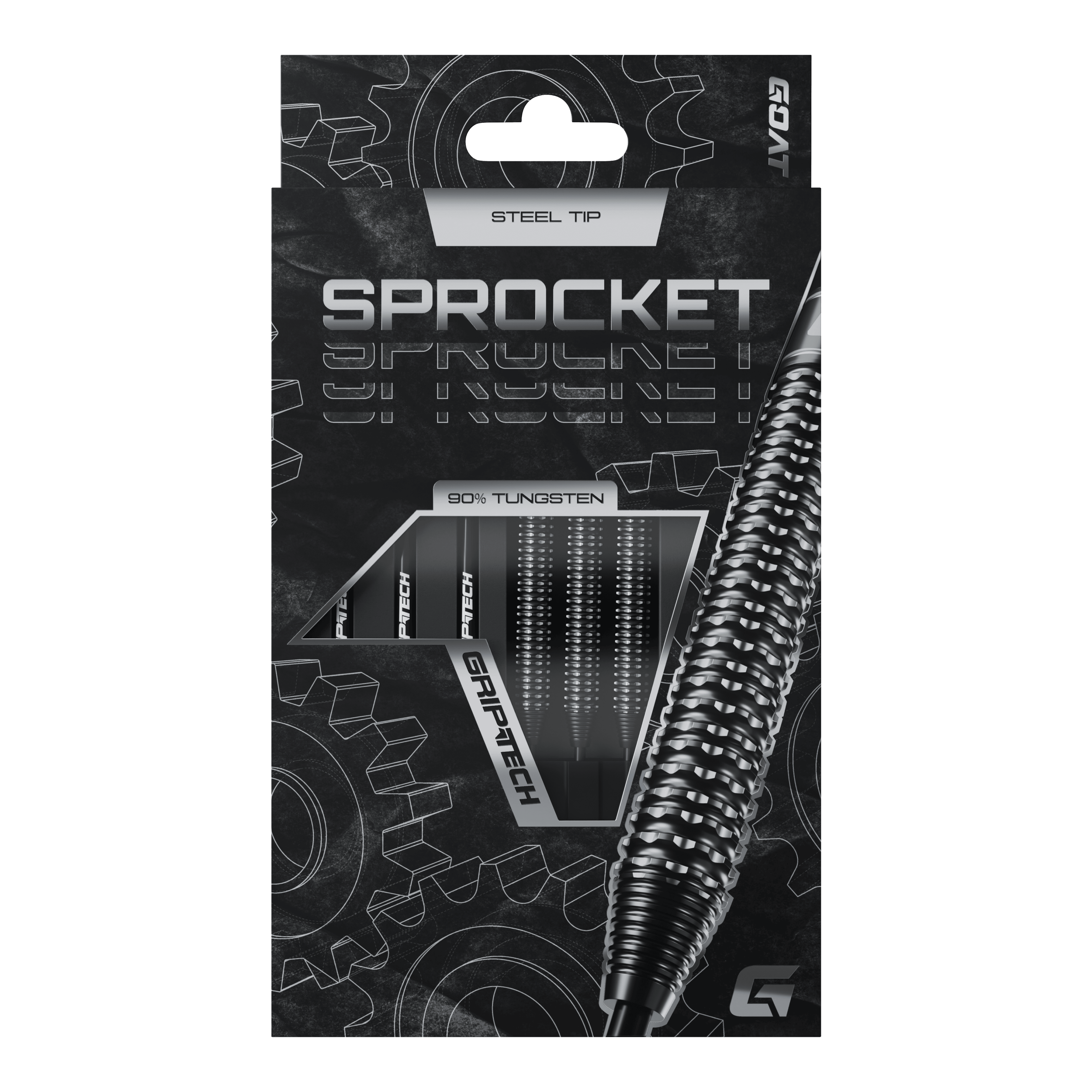 Die Abbildung zeigt die Verpackung der GOAT Sprocket Tungsten Steeldarts. Auf der Packung sind die Eigenschaften wie "Steel Tip" und "90% Tungsten" deutlich hervorgehoben.
