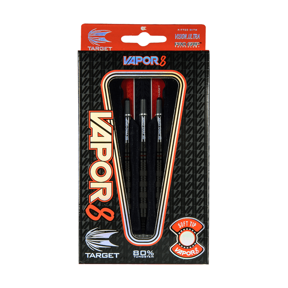 Target Vapor8 05 soft darts - 18g Das Bild zeigt die Verpackung der "Target Vapor8 05 Softdarts - 18g". In der Packung befinden sich drei schwarze Softdarts mit roten Flights.