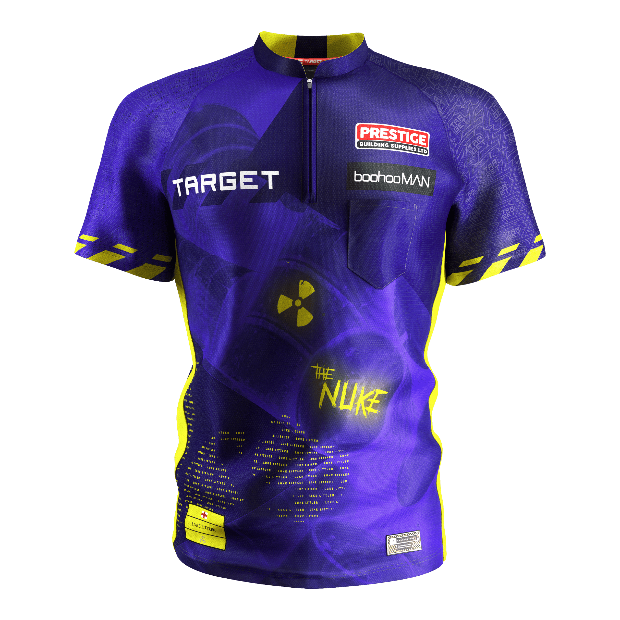 Target Coolplay Luke Littler 2025 dart shirt Das Bild zeigt das "Target Coolplay Luke Littler 2025 Dartshirt" in leuchtenden Lila- und Gelbtönen. Auf dem Shirt sind verschiedene Logos, Schriftzüge und ein auffälliges Symbol mit der Aufschrift „The Nuke“ zu sehen.