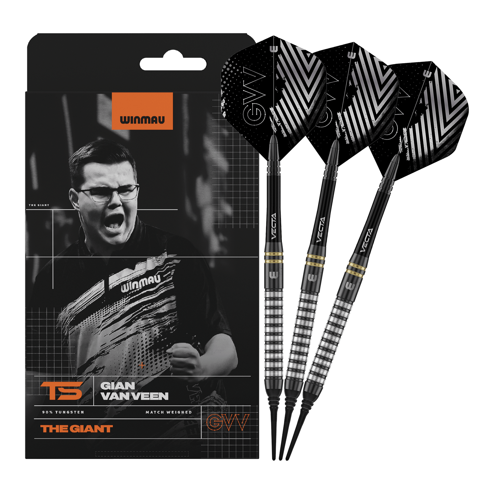 Winmau Gian Van Veen TS Softdarts mit 18g werden komplett dargestellt. Alle drei Darts sind zusammen zu sehen.
