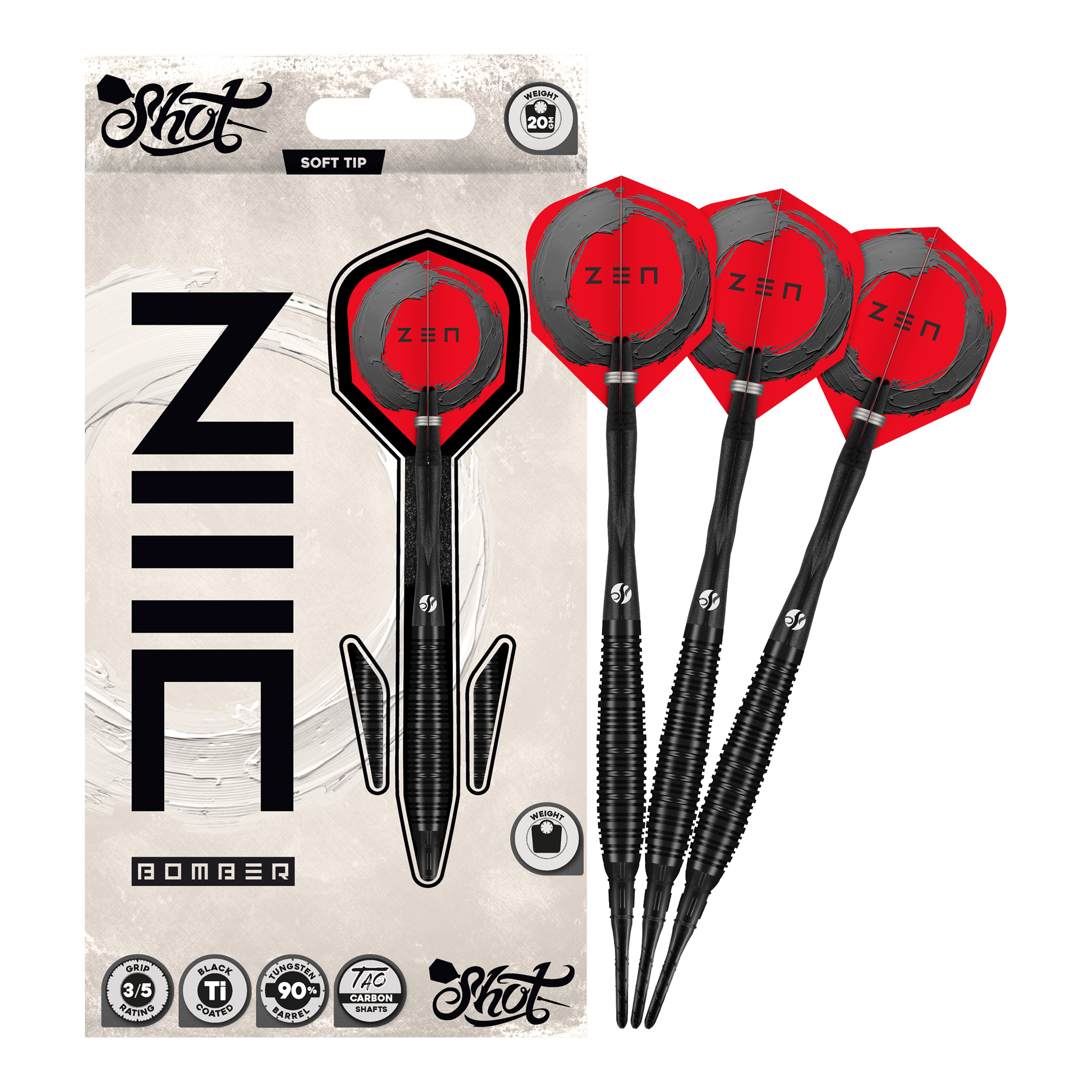 Shot ZEN Bomber soft darts - 20g Zu sehen sind die Shot ZEN Bomber Softdarts - 20g. Sie zeichnen sich durch ihre spezielle Form und das ansprechende Aussehen aus.