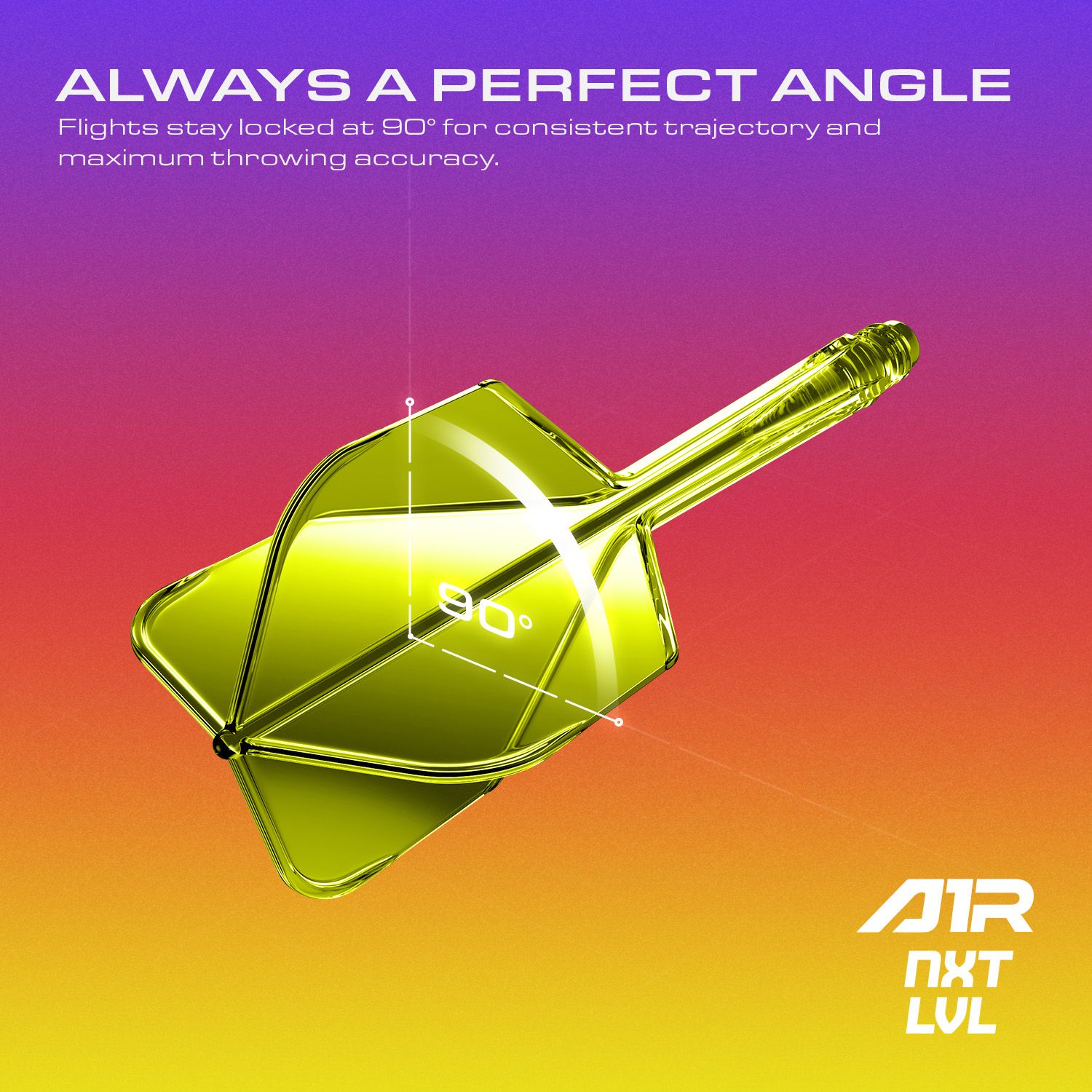 Abgebildet ist das GOAT A1R No6 Flight-Shaft-System in Neon Gelb. Das Bild stellt das Dartzubehör mit Fokus auf die Details dar.