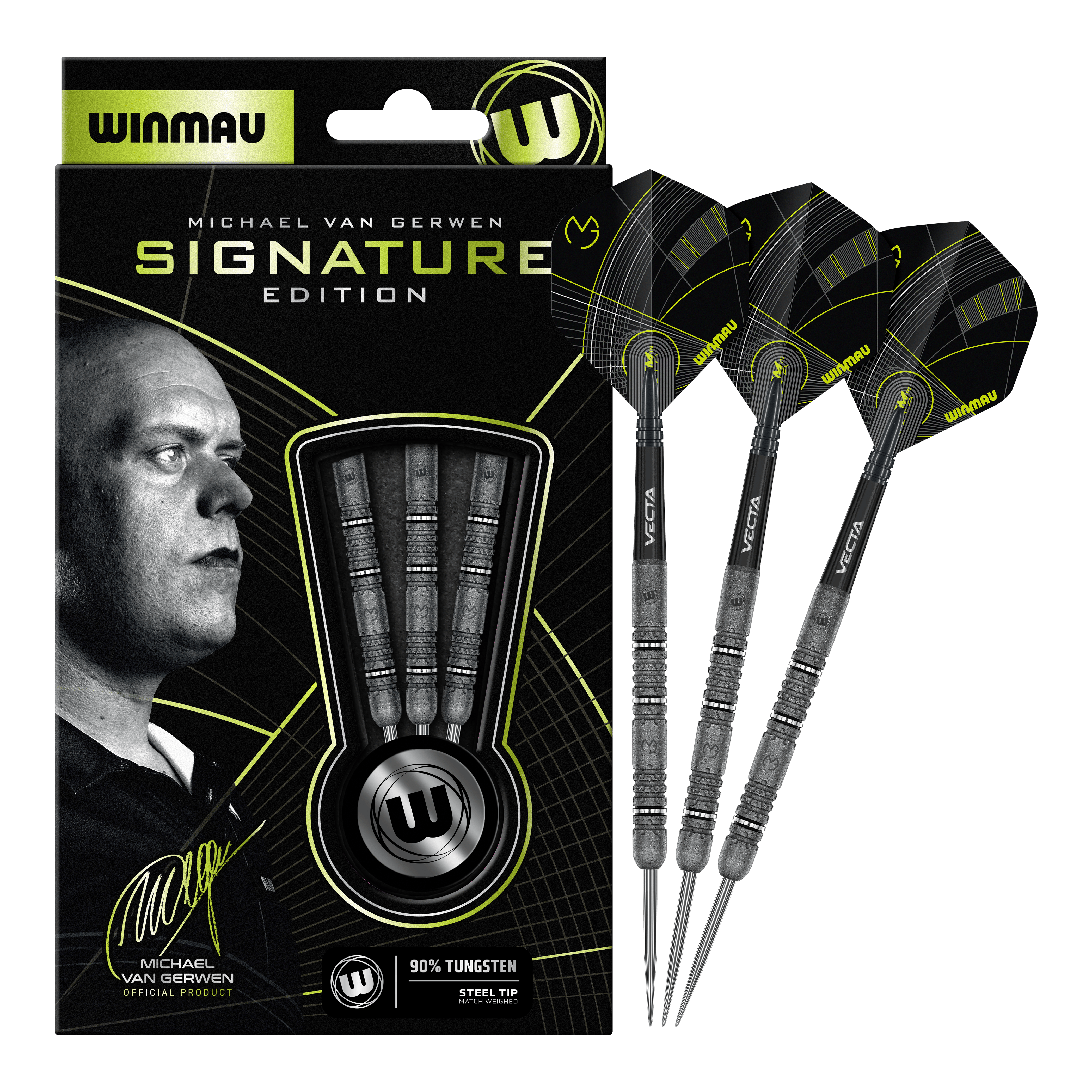 Zu sehen sind die Winmau Michael Van Gerwen Signature Edition Steeldarts. Das Produkt wurde in Zusammenarbeit mit dem Dartspieler Michael Van Gerwen entwickelt.