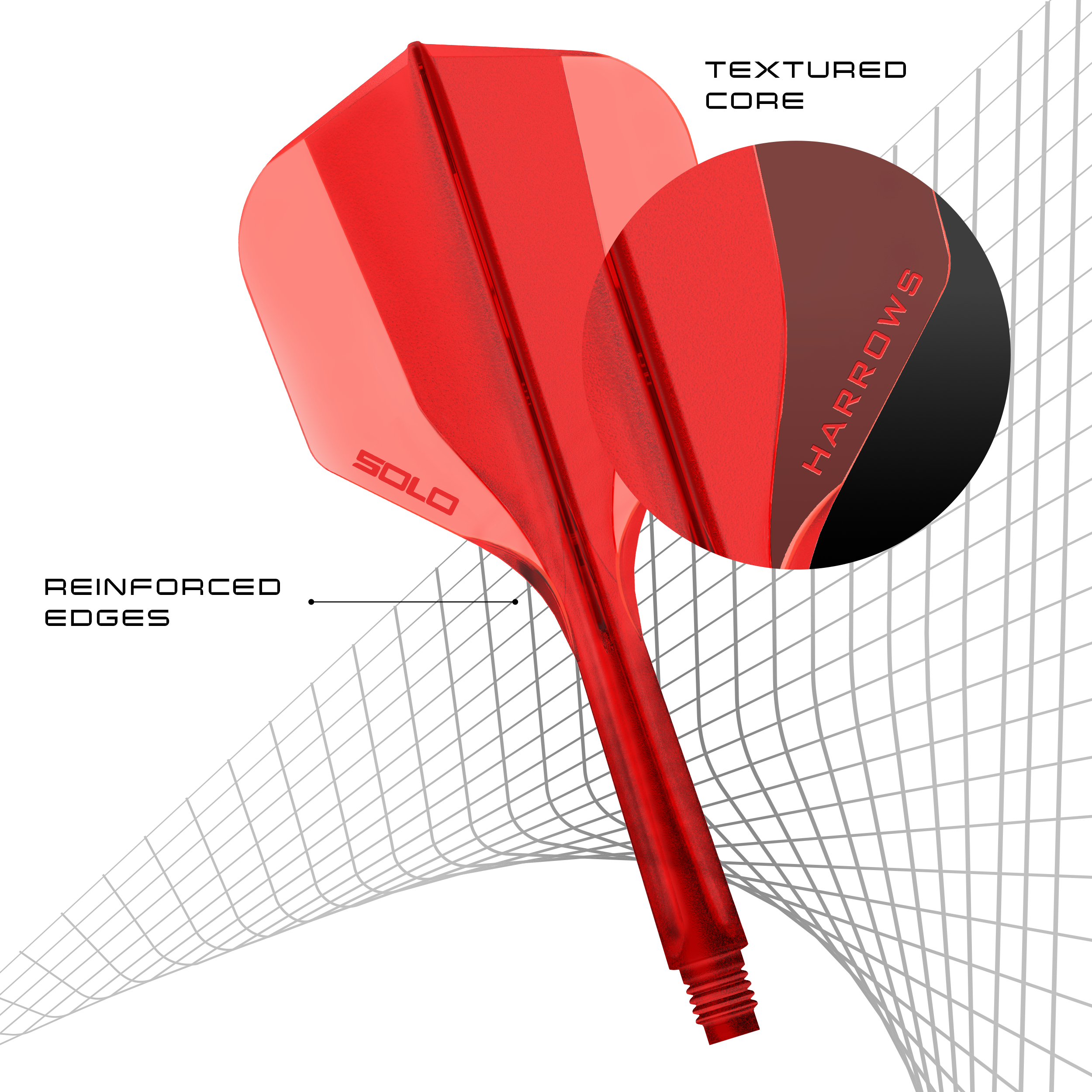 Abgebildet ist das Harrows Solo No6 Flight-Shaft-System in der Farbe Rot. Es ist ein Zubehör für Dartpfeile zur stabilen Verbindung des Flights.