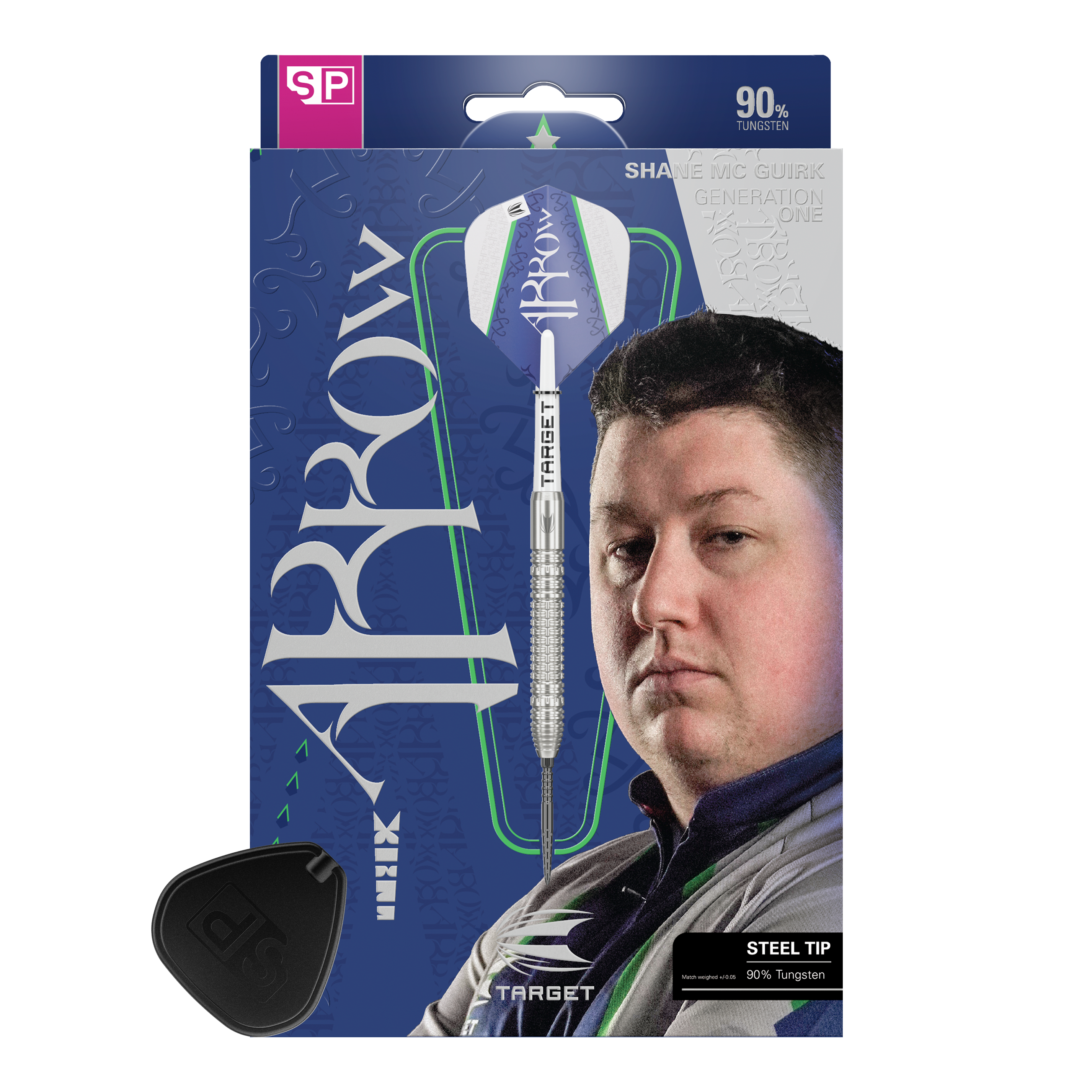 Target Shane McGuirk GEN1 Swiss Point Steel Darts - 23g Das Bild zeigt die Verpackung der "Target Shane McGuirk GEN1 Swiss Point Steeldarts - 23g". Auf der Verpackung ist ein Dartpfeil und das Porträt eines Mannes abgebildet.