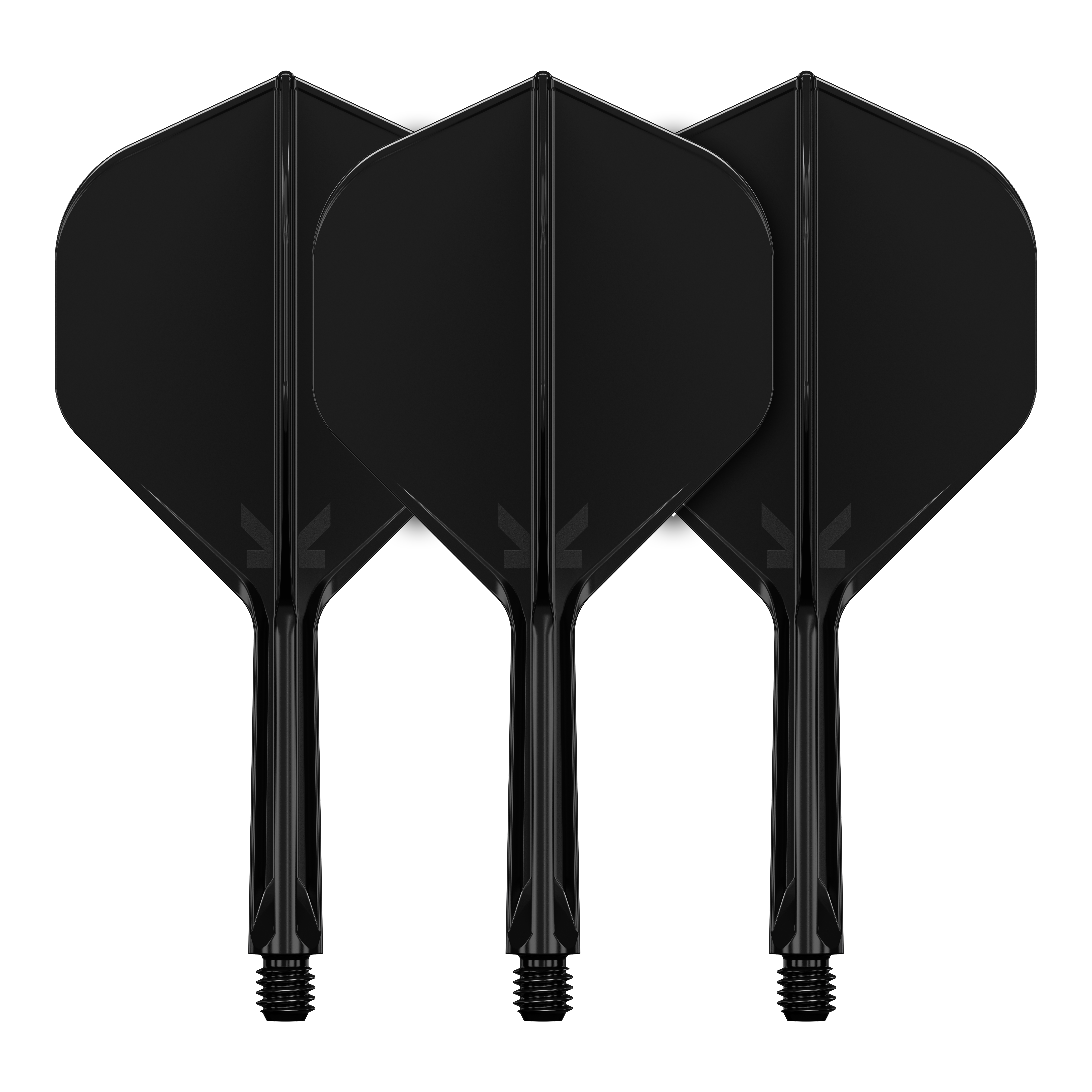 Target K-Flex No2 Standard Flight System - Black Das Bild zeigt drei schwarze Dartflights mit integrierten Schäften. Sie sind nebeneinander angeordnet und haben ein schlichtes, einfarbiges Design.