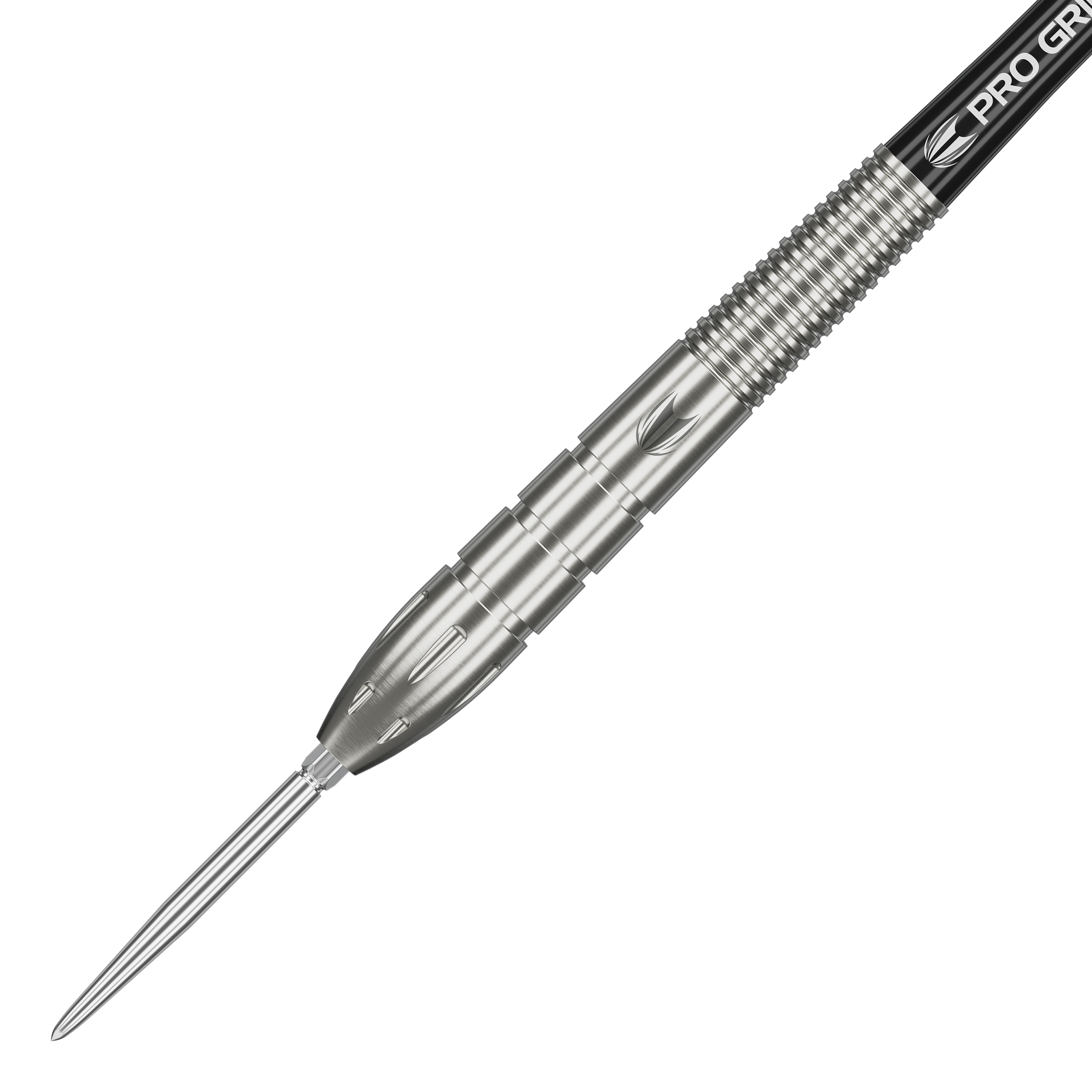 Das Bild zeigt einen silbernen Steeldart aus der Serie "Target Nathan Aspinall GEN1 Swiss Point". Der Dart hat ein gerilltes Griffstück und eine spitze Metallspitze.