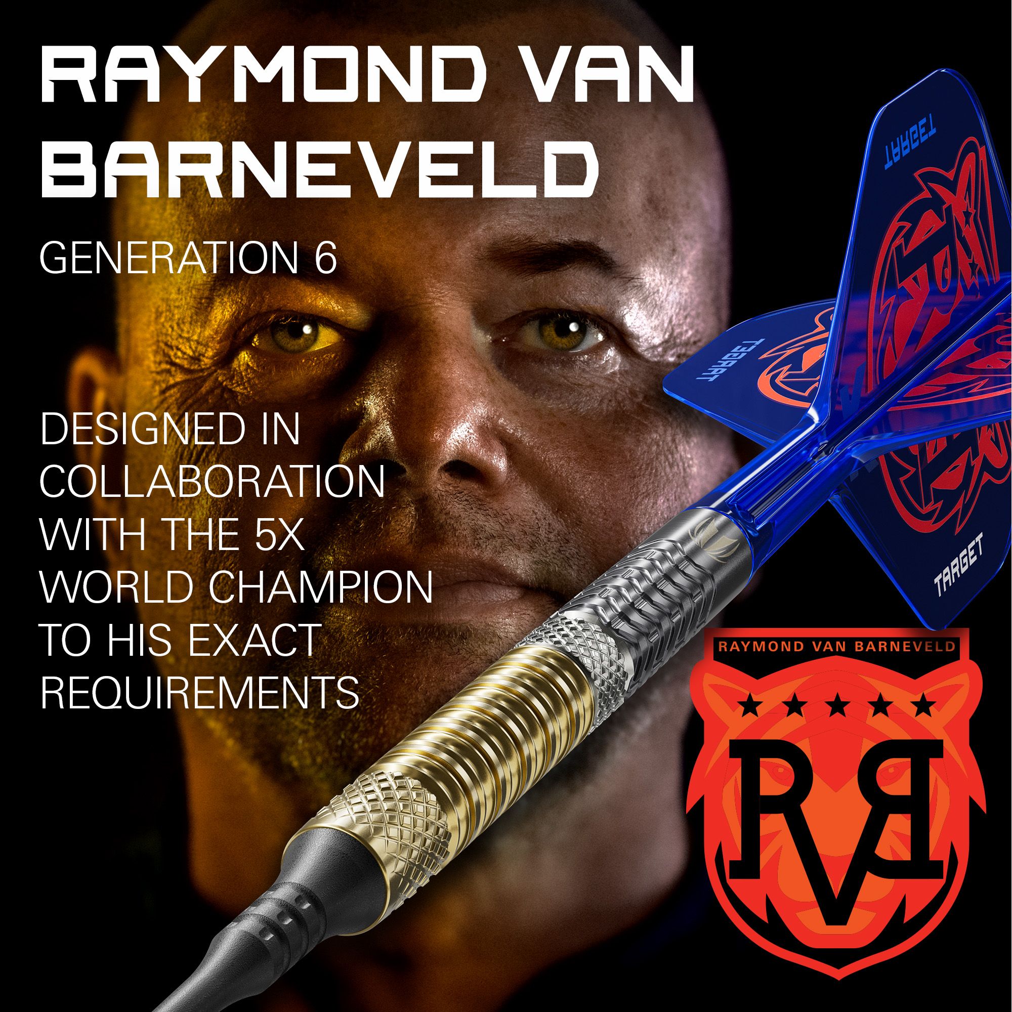Abgebildet sind die Target Raymond Van Barneveld GEN6 Softdarts. Diese Darts bieten Präzision und Komfort beim Spiel.