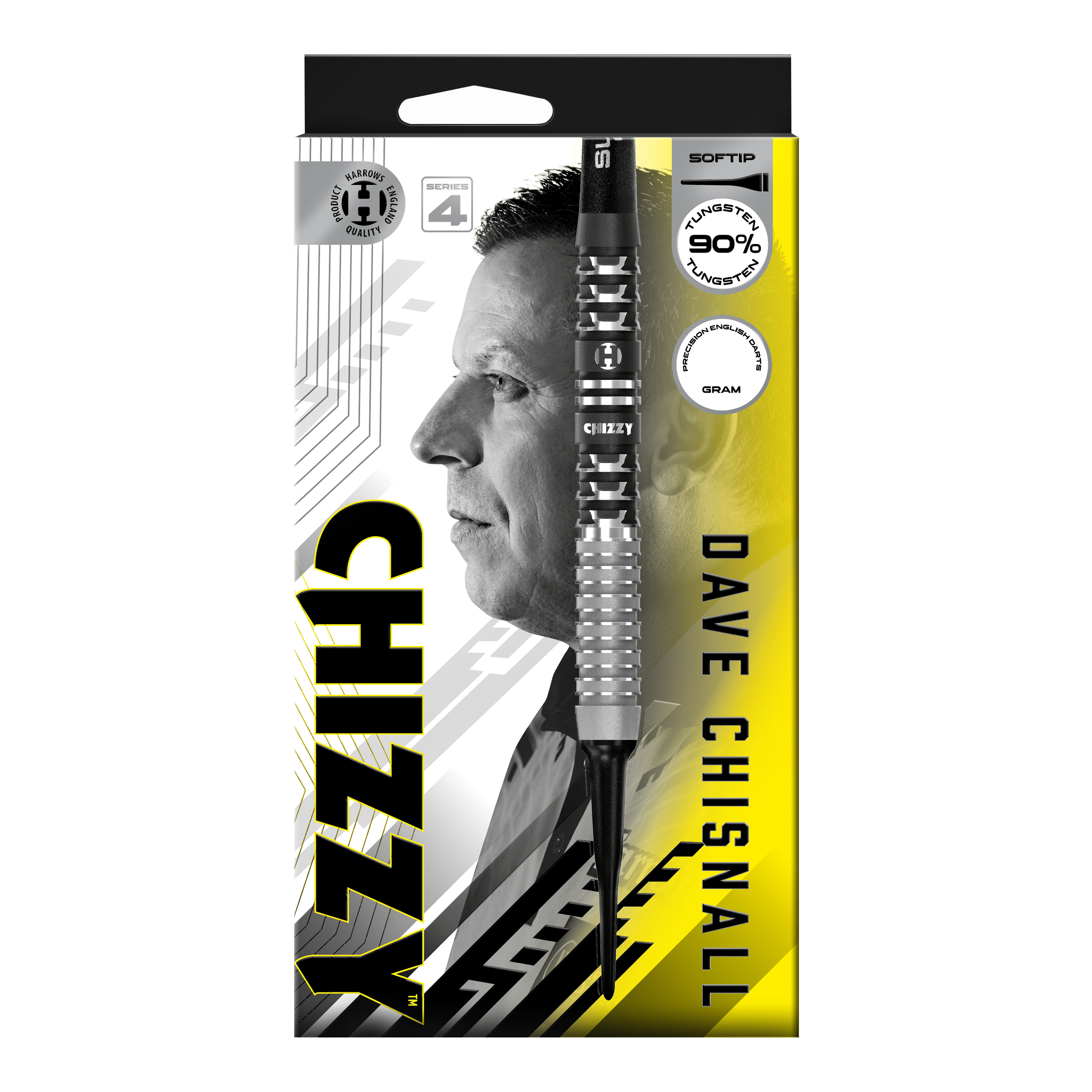 Das Bild zeigt die Harrows Dave Chisnall Chizzy Series 4 Softdarts. Diese Softdarts wurden für Präzisionswürfe entwickelt.