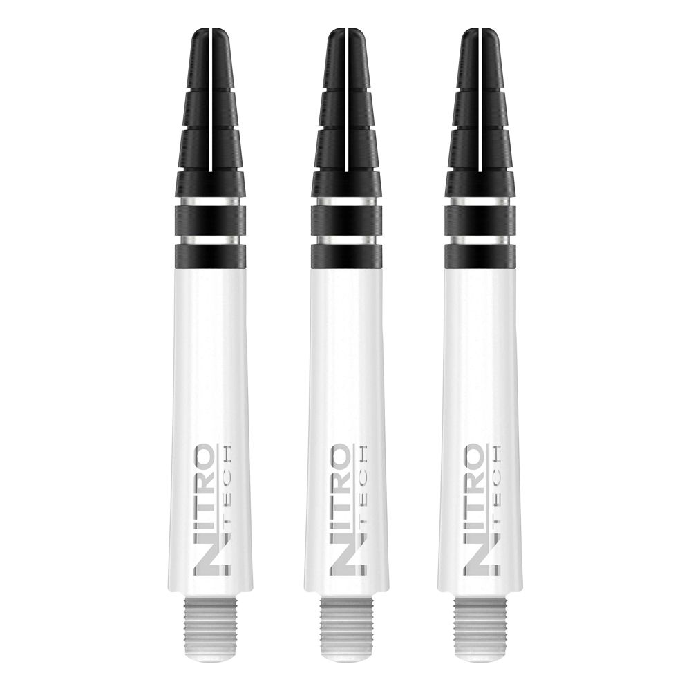 C441_Nitrotech_Short_White_V Das Bild zeigt drei weiße RedDragon Nitrotech Shafts für Dartpfeile. Die Schäfte haben schwarze Spitzen und das Logo "NITRO TECH" ist aufgedruckt.