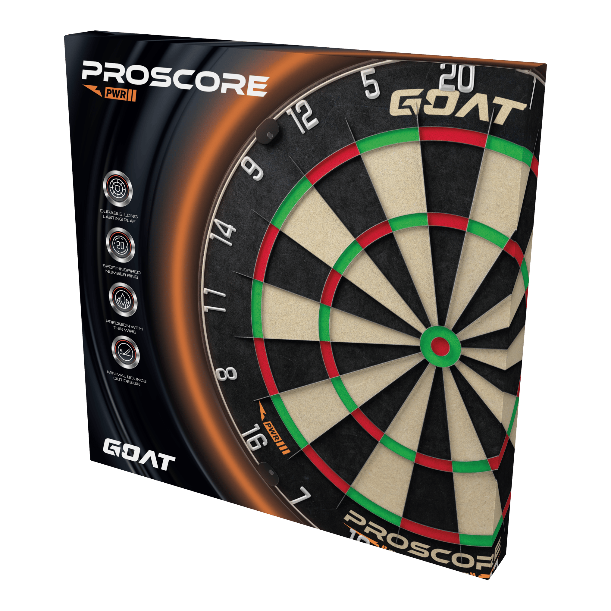 GOAT Proscore PWR steel dartboard Die Abbildung zeigt das Produkt „GOAT Proscore PWR Steeldartboard“ in seiner Verpackung. Auf der Box sind das Dartboard und verschiedene Produkthighlights sichtbar.