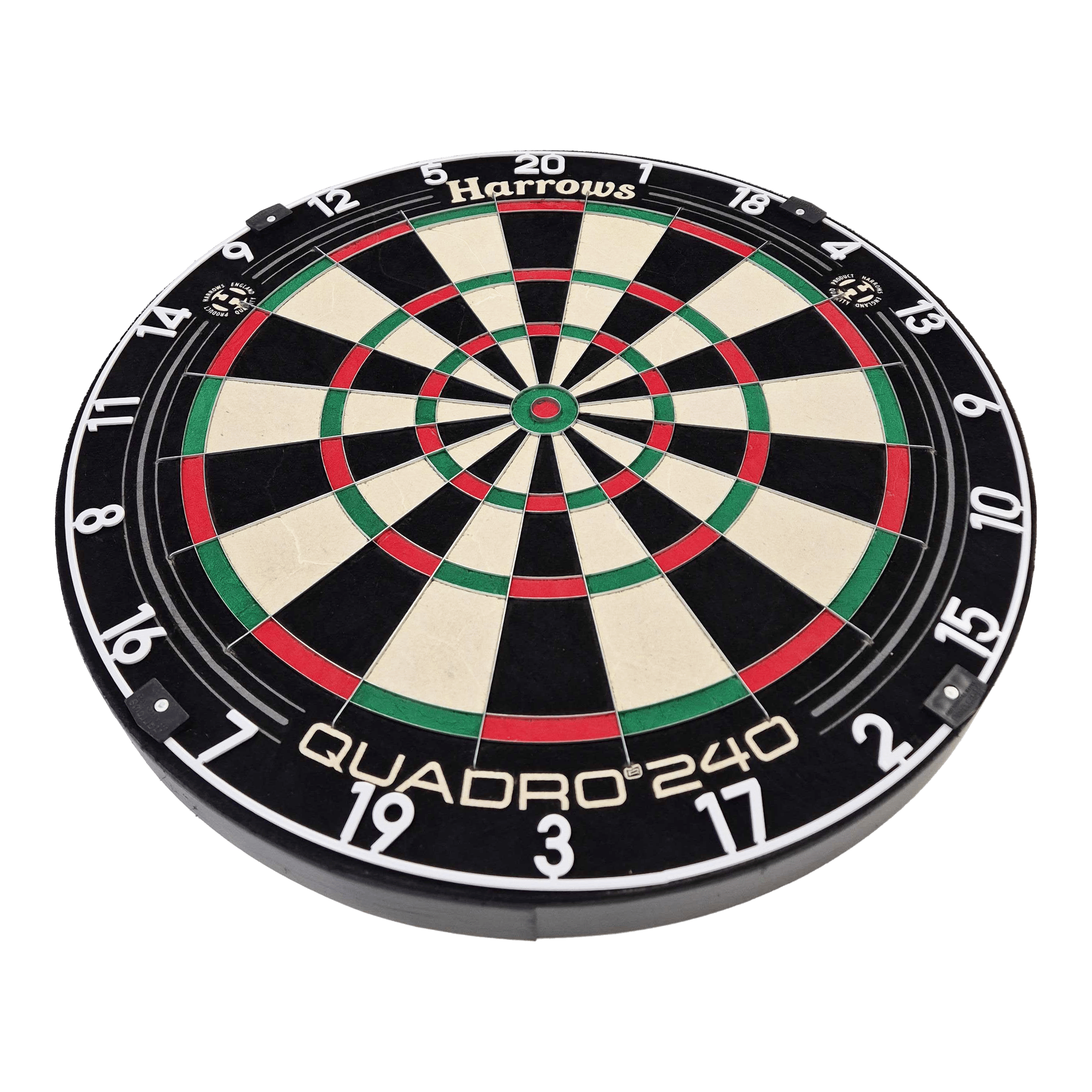 Harrows Quadro 240 steel dartboard Das Bild zeigt das Steeldartboard "Harrows Quadro 240". Die Dartscheibe ist rund und in verschiedene farbige Segmente unterteilt.