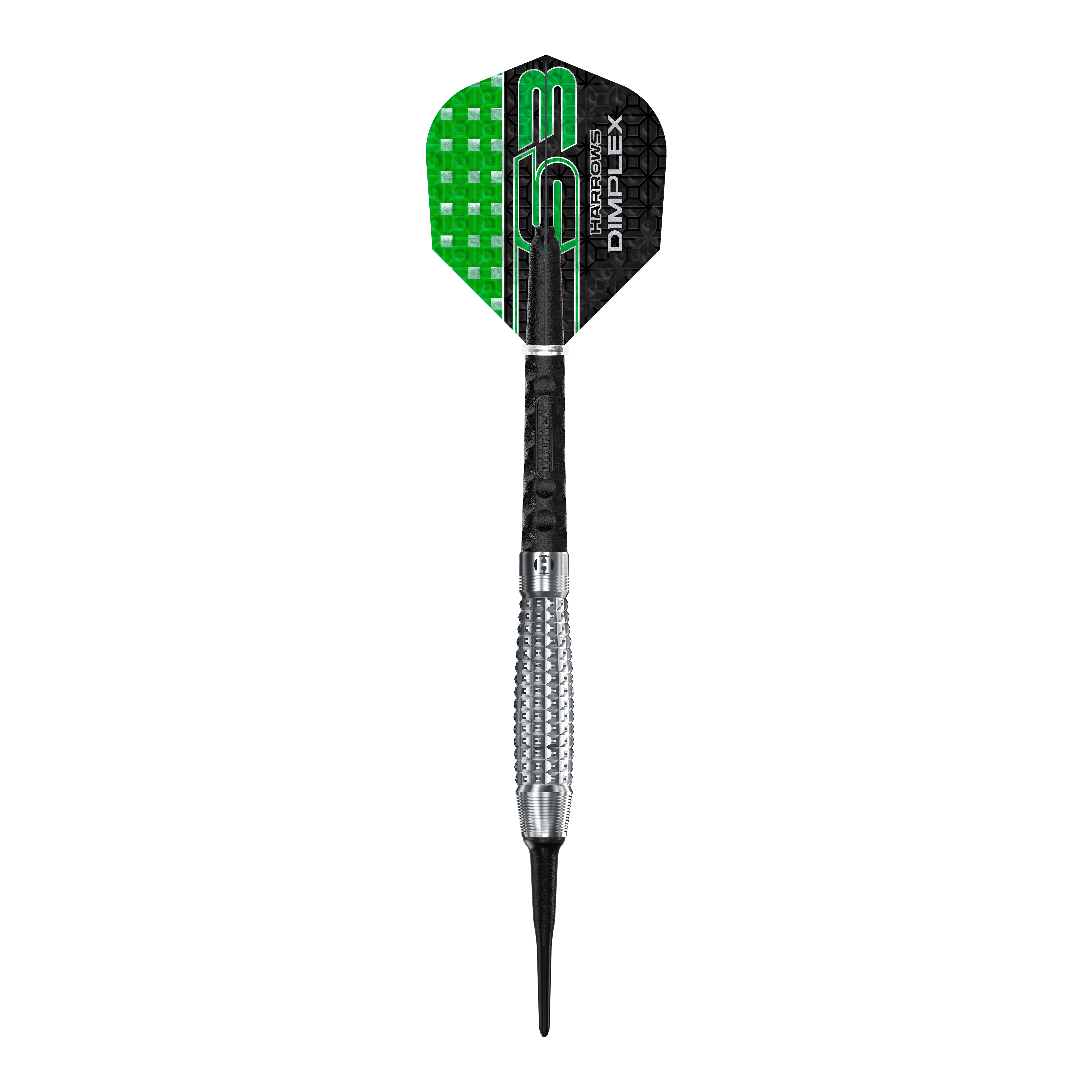 Harrows Dimplex S3 Bomb soft darts Das Bild zeigt einen Harrows Dimplex S3 Bomb Softdart. Der Dart hat eine schwarze und grüne Flight sowie einen silbernen, geriffelten Barrel.