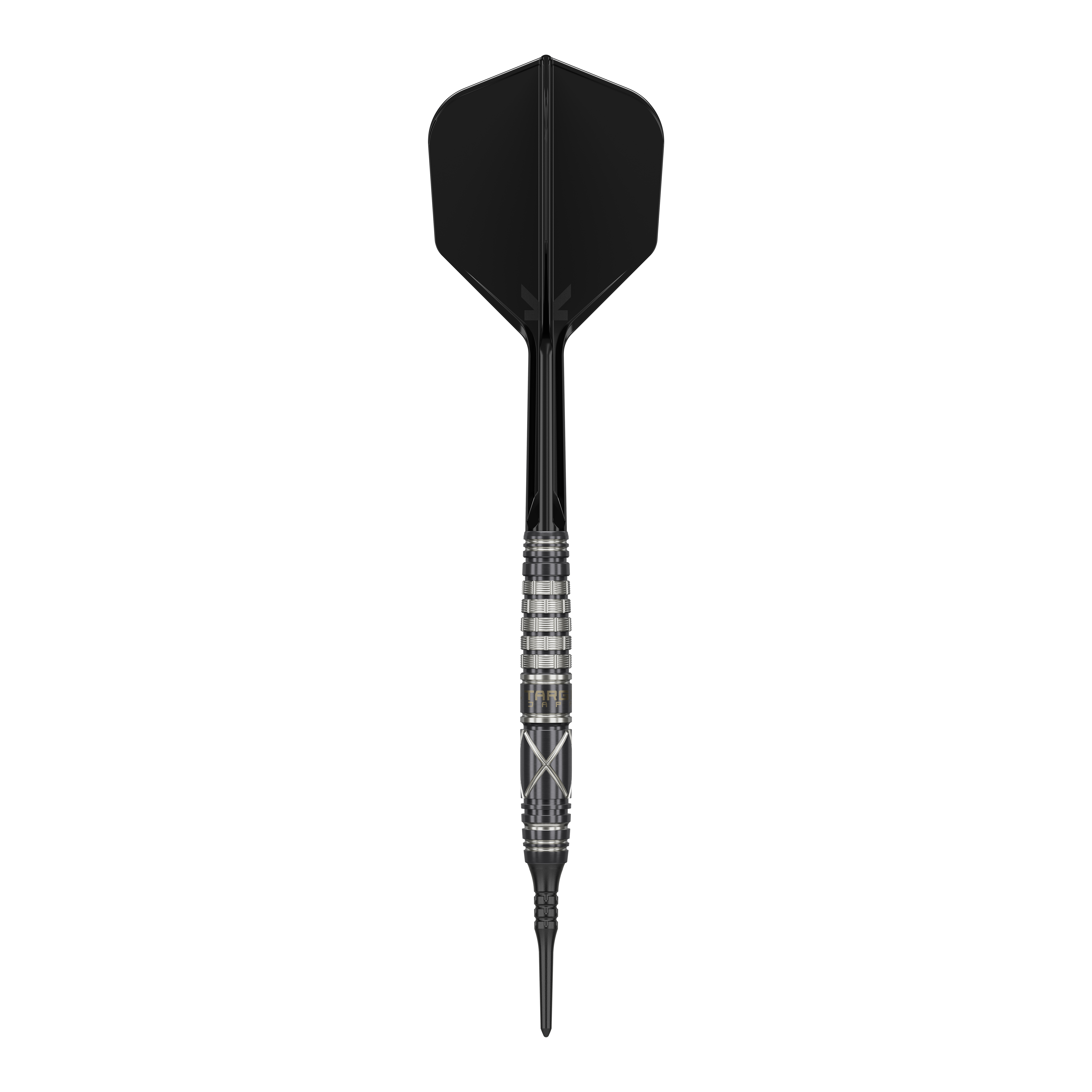 Das Bild zeigt einen Softdart namens "Target Japan Black Marque Chaos 2" mit einem Gewicht von 19 Gramm. Der Dart hat ein elegantes, schwarzes Design mit silbernen Akzenten am Griff.