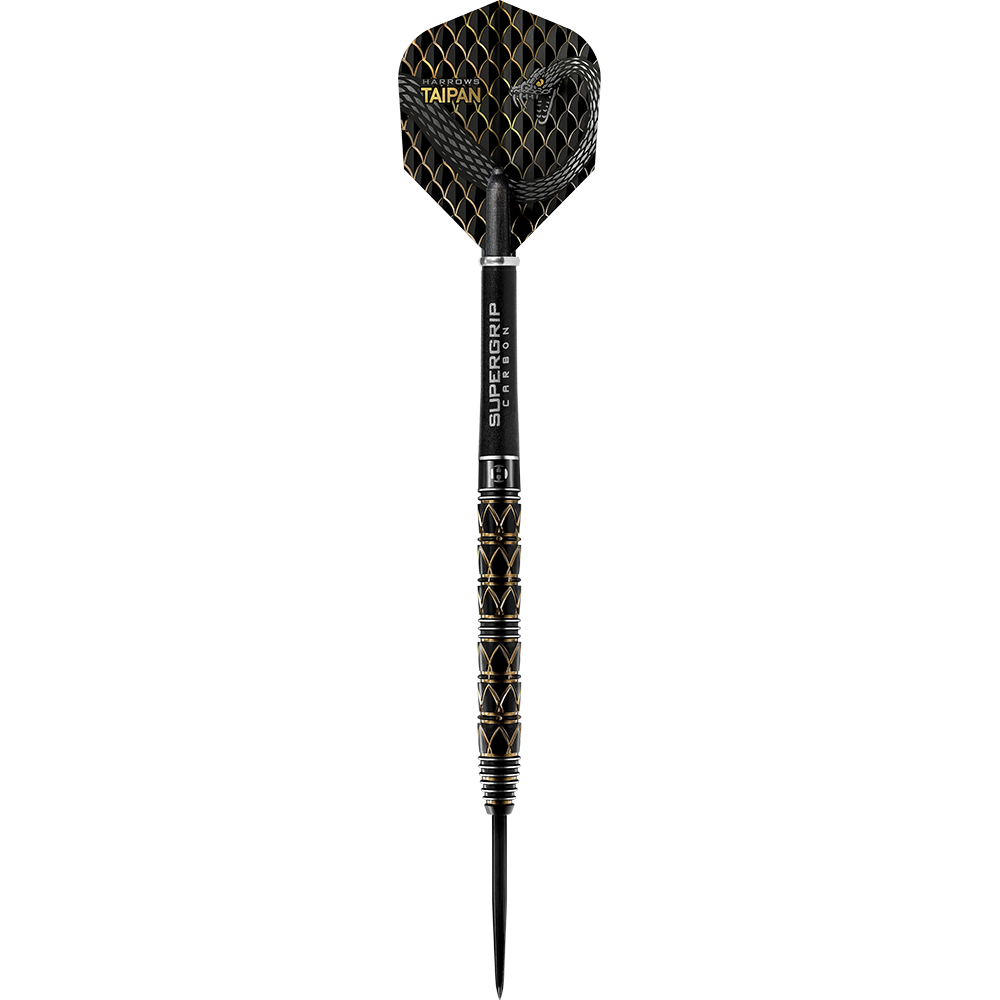 HA29044_Harrows_Taipan_Steeldarts_1E5SrOOpjEgCuW Das Bild zeigt einen Harrows Taipan Steeldart. Der Dart hat ein elegantes schwarzes und goldenes Design mit der Aufschrift "SUPERGRIP CARBON" auf dem Schaft.