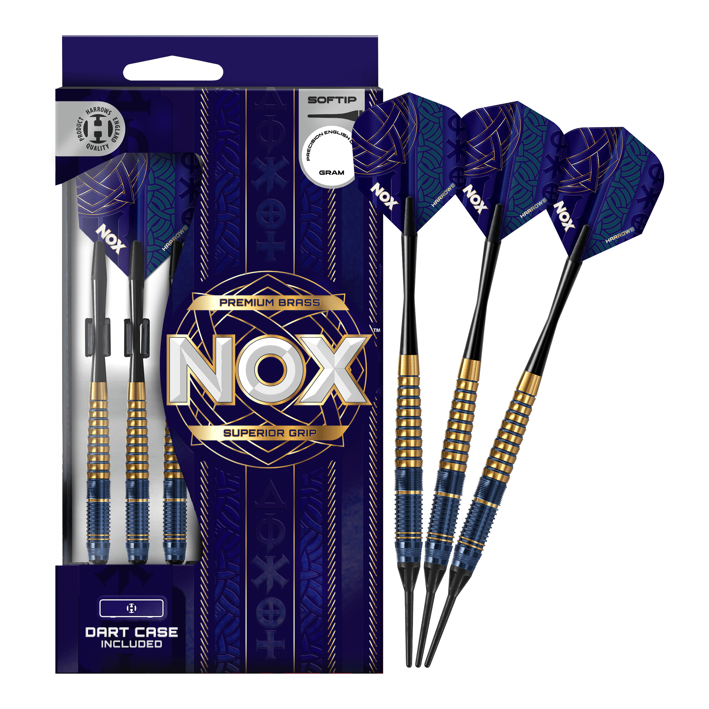 Das Bild zeigt die Harrows Nox Premium Brass Softdarts. Es handelt sich um hochwertige Dartpfeile für Softdart-Spieler.