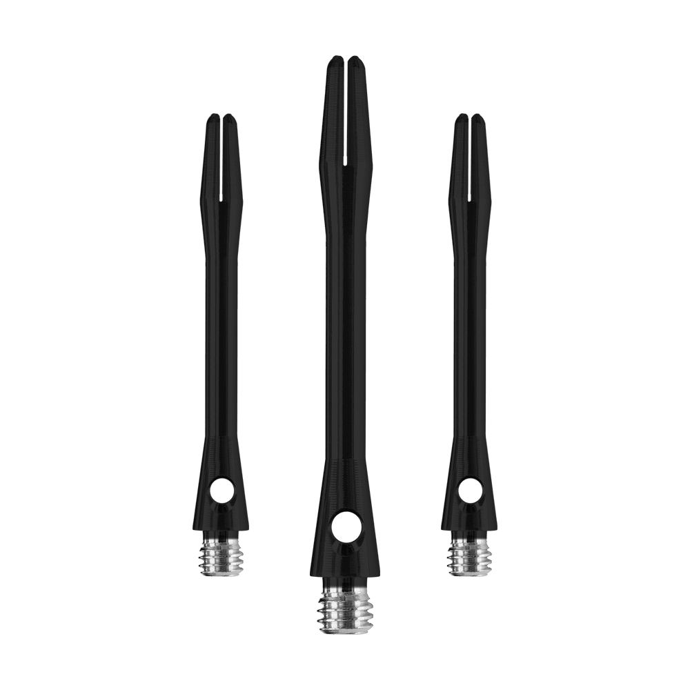 HR367_Harrows_Keramic_Shafts_Schwarz_41mm_1opZXbvCLssjsK Das Bild zeigt drei matt schwarze Harrows Keramic Shafts für Darts. Sie sind unterschiedlich lang und haben ein silbernes Gewinde am unteren Ende.