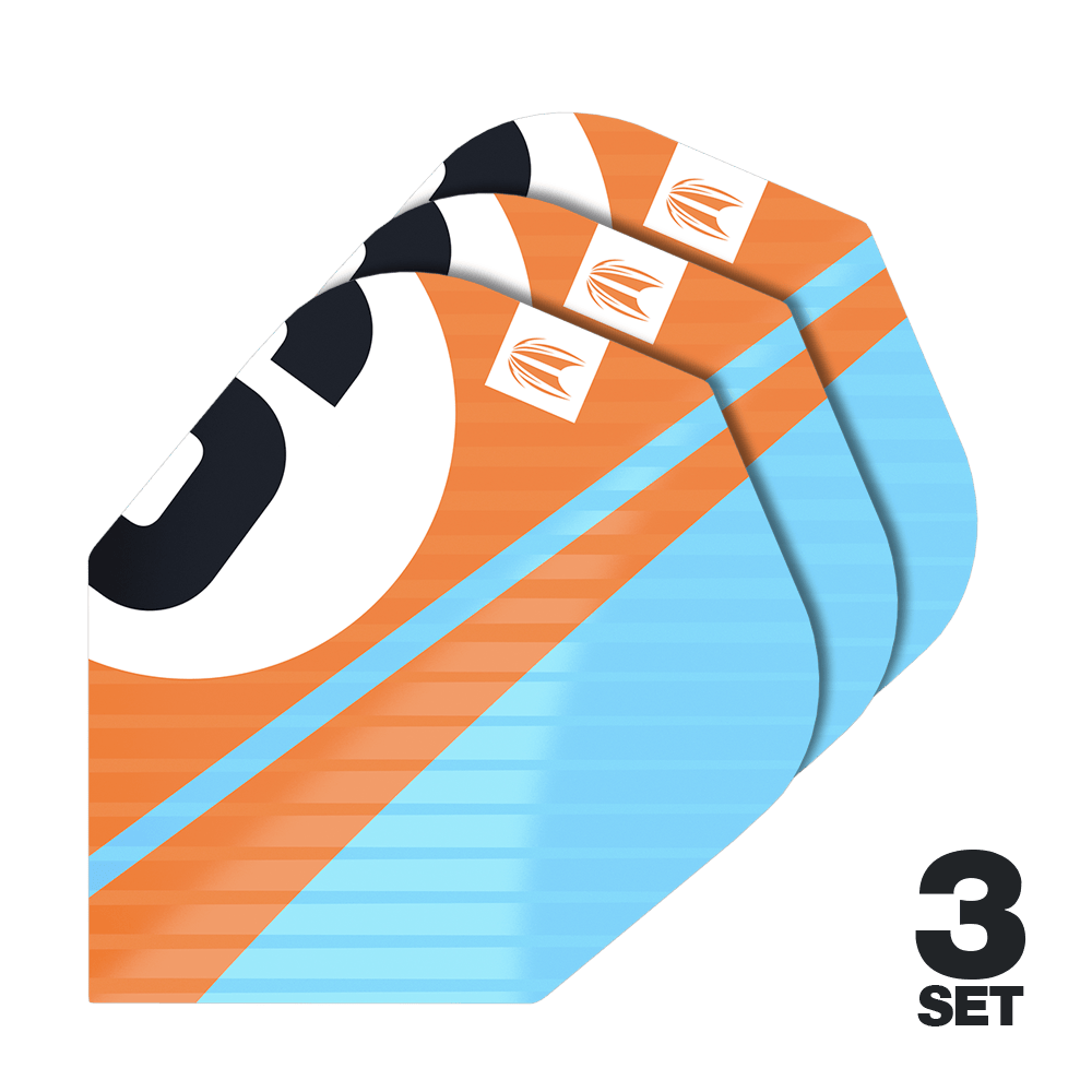 Target Pro Ultra Chicane Orange No6 Flights - 3 Sets Das Bild zeigt drei Sets von Target Pro Ultra Chicane Orange No6 Flights für Dartpfeile. Die Flights sind in Orange, Blau und Schwarz gestaltet und tragen das Target-Logo.