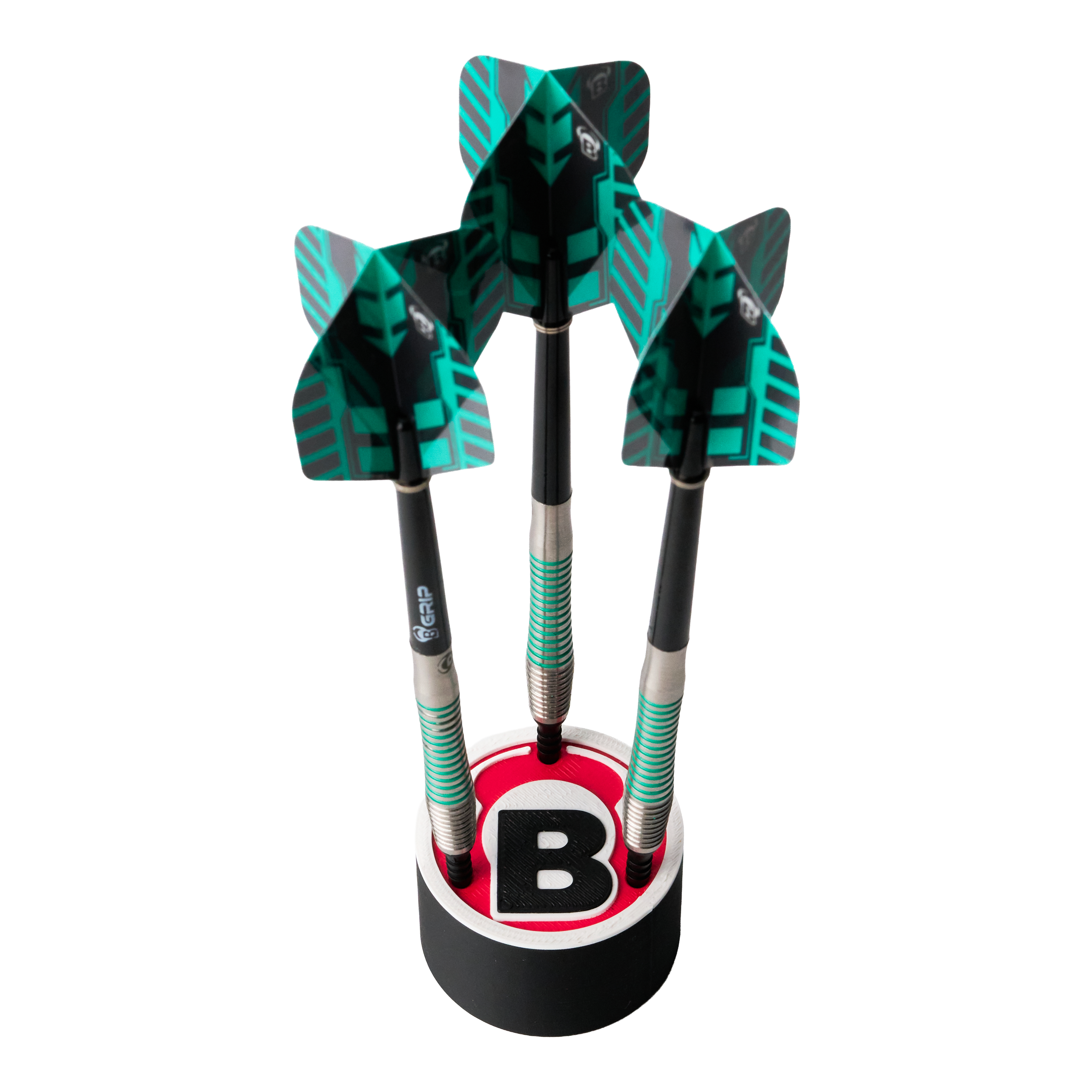 Das Bild zeigt drei Darts, die in einem runden Halter mit dem Bulls-Logo stehen. Die Flights der Darts sind schwarz und grün gemustert.