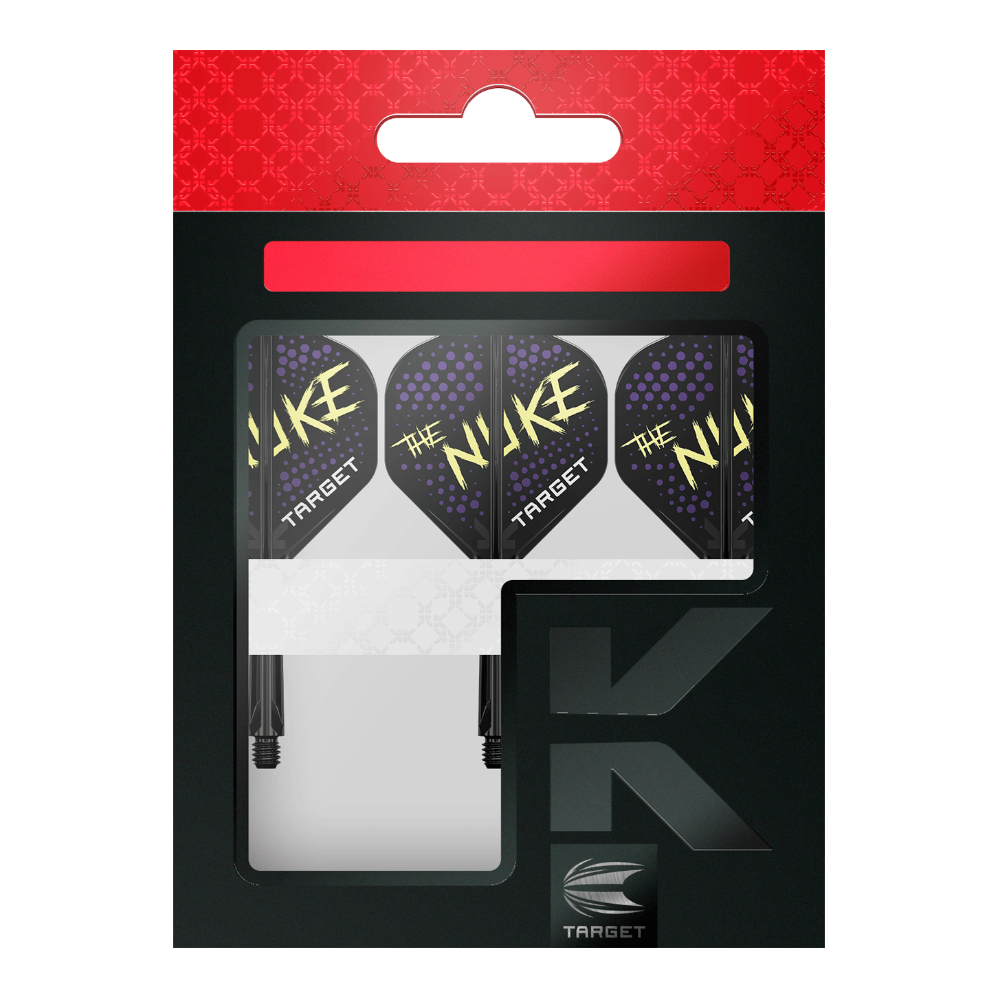 Target K-Flex Luke Littler Black No2 Standard Flight System Auf dem Bild ist eine Verpackung mit drei Dartflights zu sehen. Die Flights sind schwarz mit lila Punkten und der gelben Aufschrift "THE NUKE" sowie dem weißen Wort "TARGET".