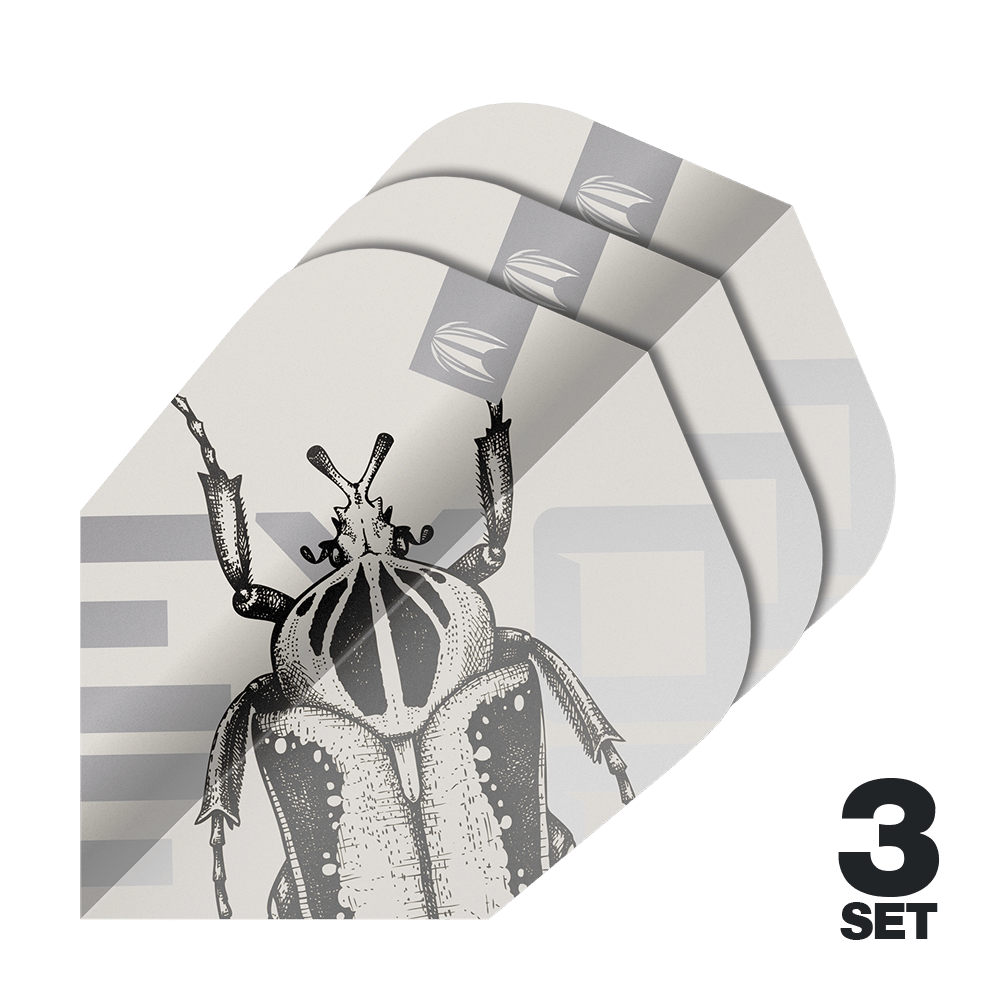 Target Pro Ultra Exo 2.0 Ten-X Flights - 3 sets Das Bild zeigt drei Sätze Target Pro Ultra Exo 2.0 Ten-X Flights für Darts. Auf den Flights ist eine schwarz-weiße Zeichnung eines Insekts abgebildet.