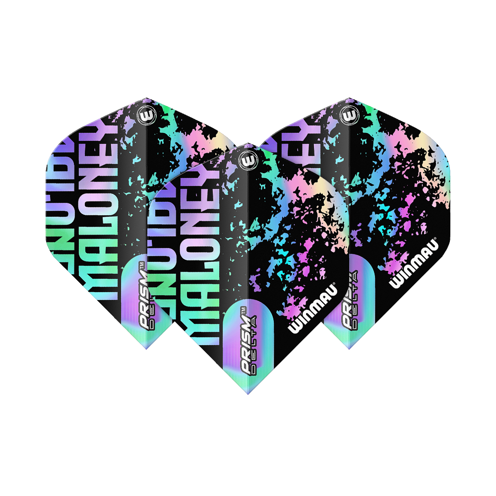 Das Bild zeigt die Winmau Prism Delta Mike Maloney Standard Flights. Sie sind mit bunten, auffälligen Farben und dem Namen „Maloney“ bedruckt.