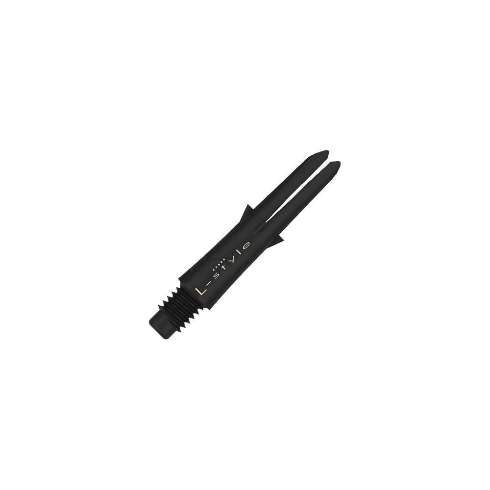 L style carbon shafts Das Bild zeigt einen schwarzen Dart-Schaft aus Carbon mit der Aufschrift "L-style". Der Schaft ist ohne Kappen und hat ein Gewinde am unteren Ende.