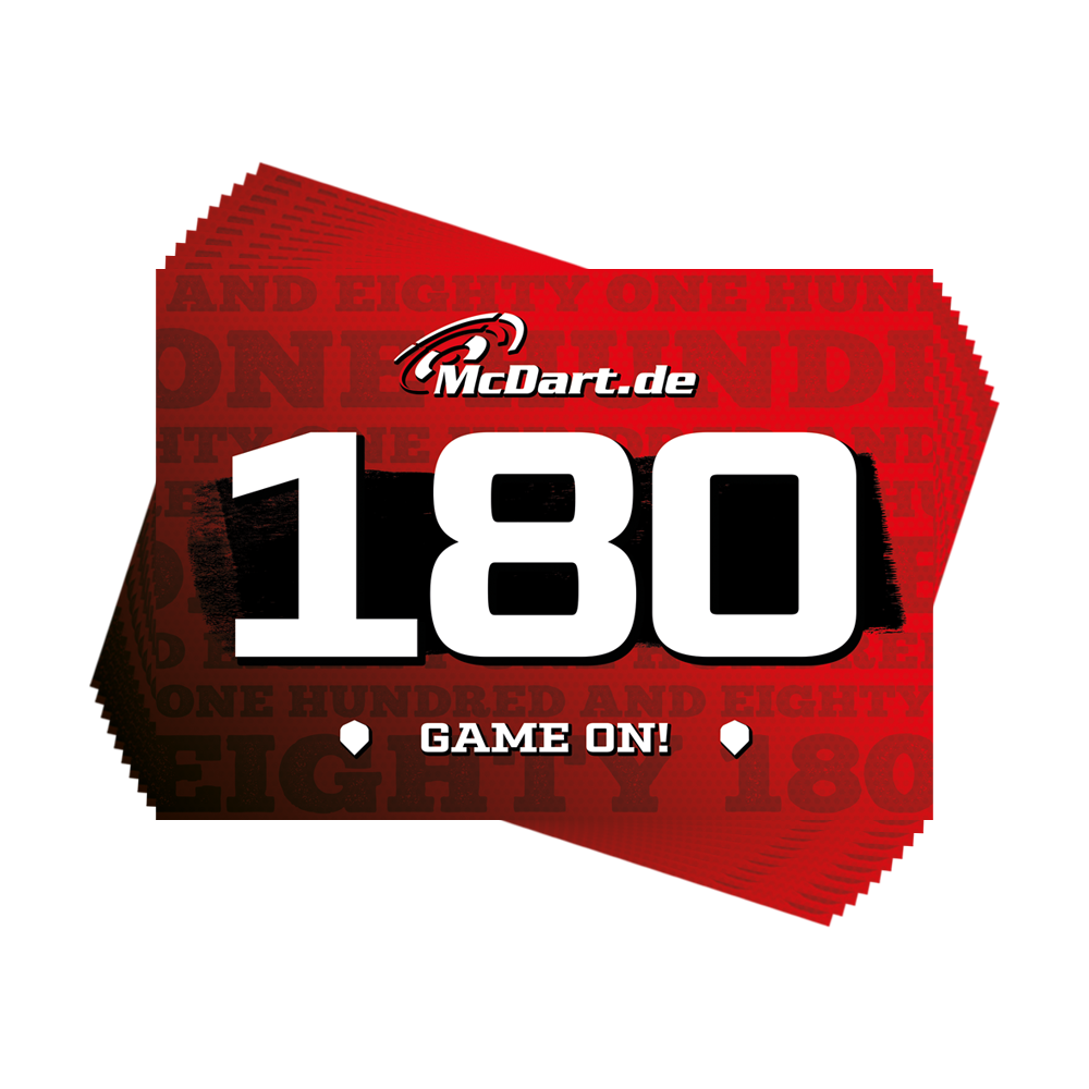 698_McDart_180er_Schilder_10_Stk_1 Das Bild zeigt ein rotes Schild mit der großen weißen Zahl "180" und dem Schriftzug "McDart.de" darauf. Unten steht zusätzlich "GAME ON!" und im Hintergrund sieht man den Schriftzug "ONE HUNDRED AND EIGHTY".