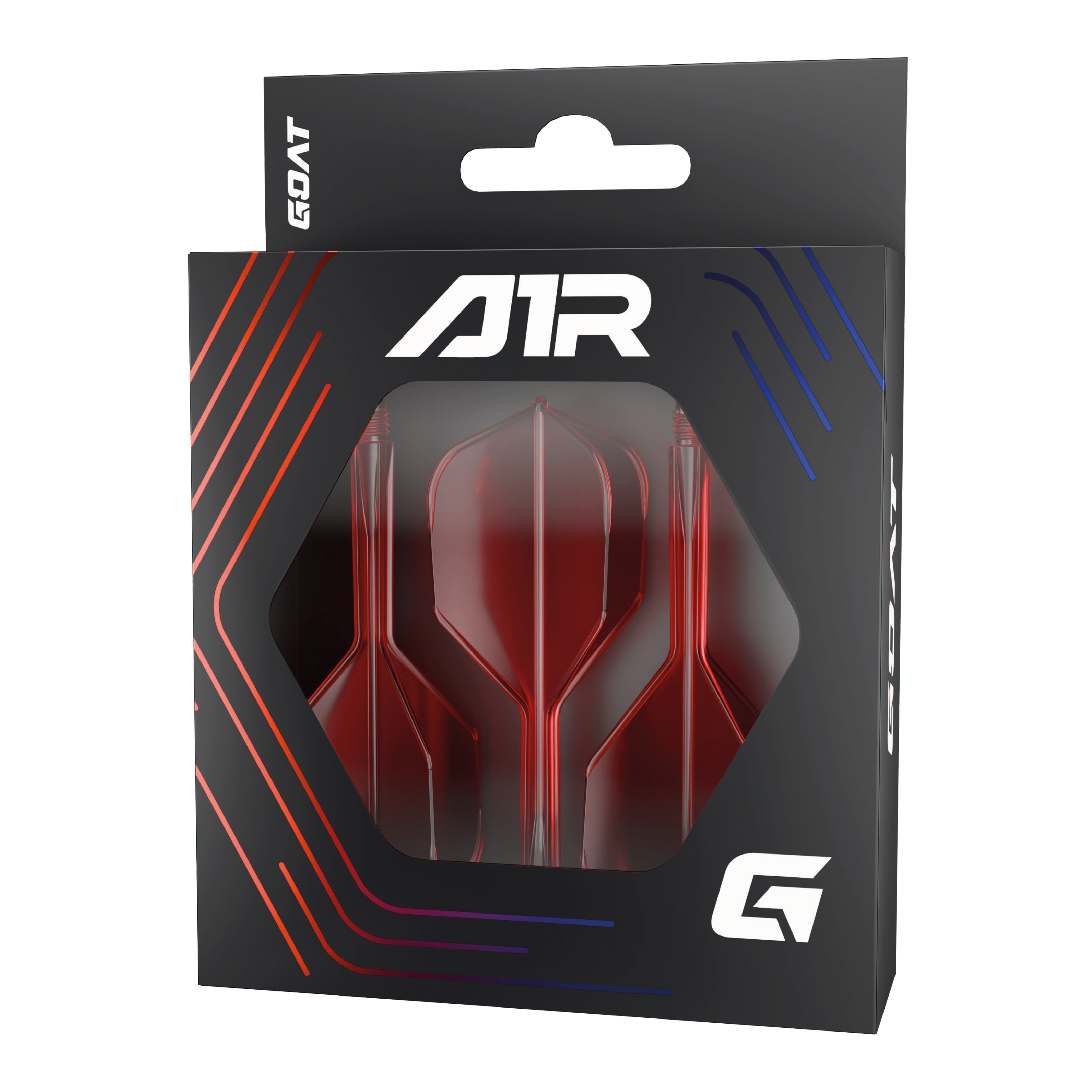 Die Abbildung zeigt das Produkt "GOAT A1R No6 Flight-Shaft-System – Rot" in seiner Verpackung. Im Sichtfenster der Schachtel sind drei rote Dart-Flights und -Schäfte zu sehen.