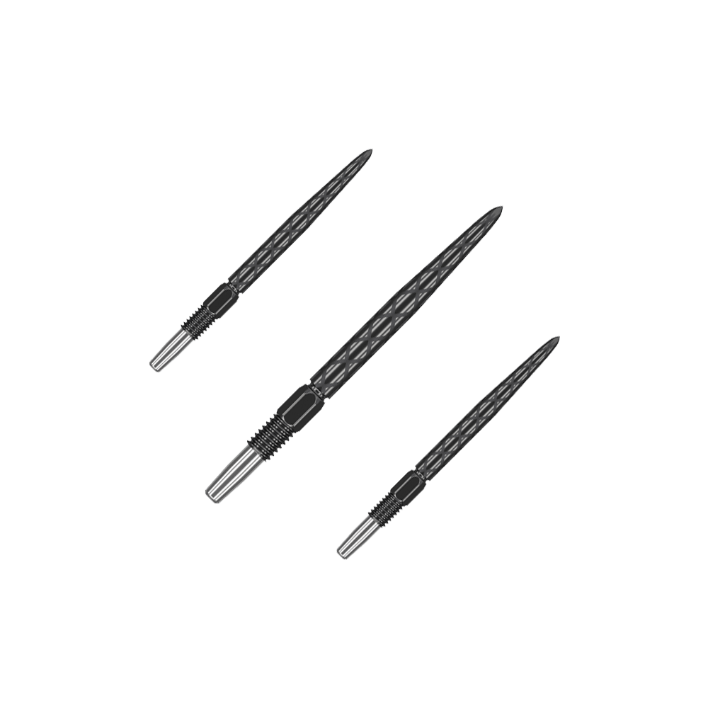 Target Swiss Diamond Pro Black Points dart tips Das Bild zeigt drei schwarze Dartspitzen mit silbernem Ende. Die Spitzen haben ein Rautenmuster und sind nebeneinander angeordnet.