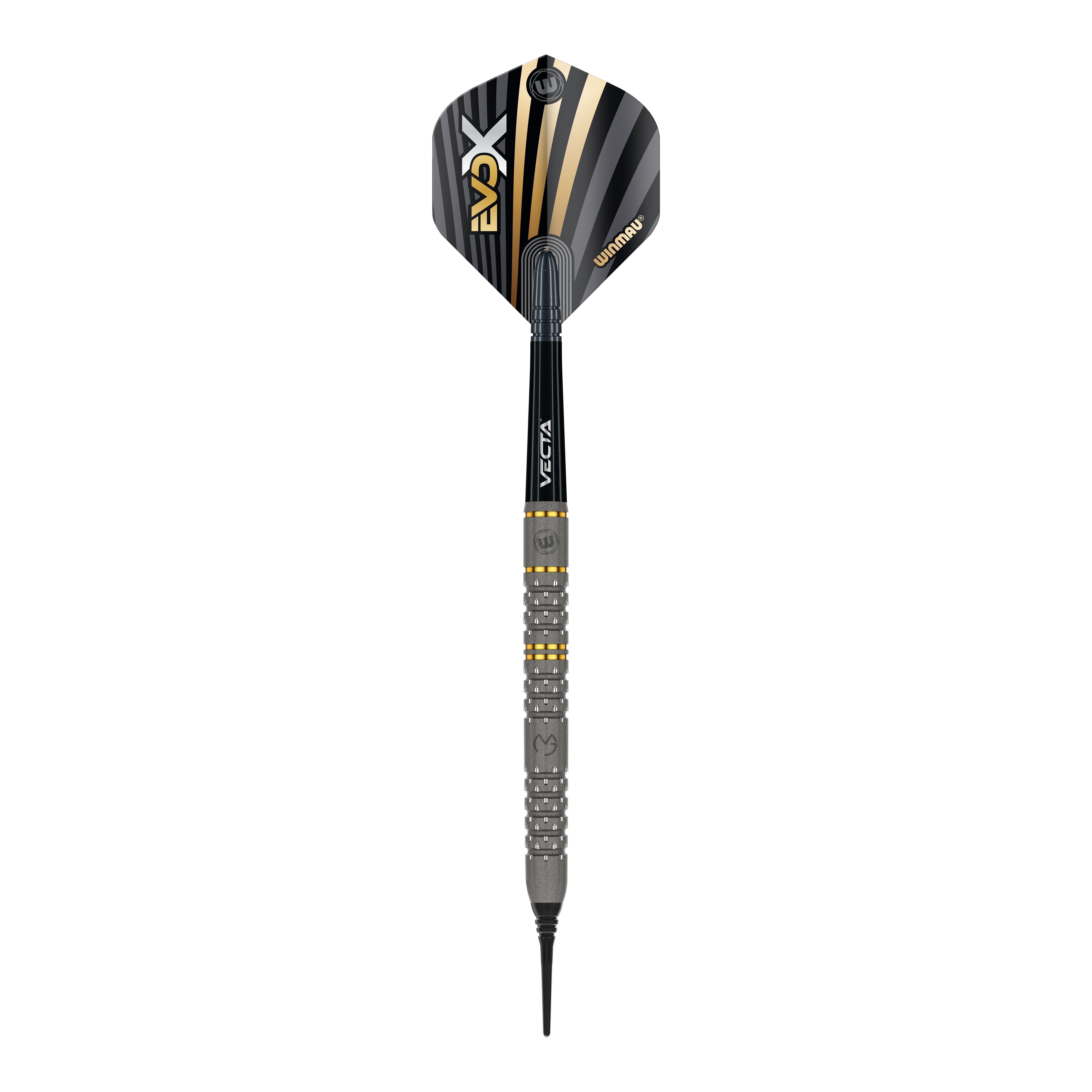Winmau Michael Van Gerwen Evo-X soft darts - 20g Das Bild zeigt einen Winmau Michael Van Gerwen Evo-X Softdart mit einem Gewicht von 20g. Der Dart hat ein modernes Design mit schwarz-goldenen Akzenten und einer strukturierten Griffzone.