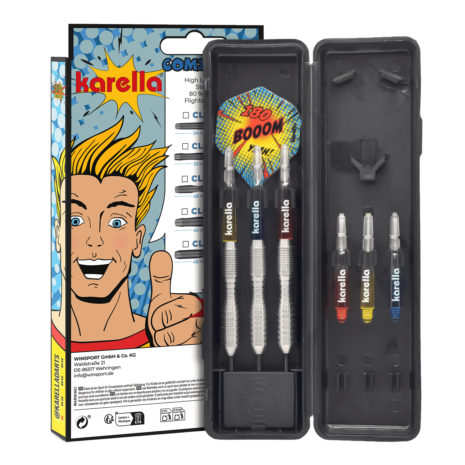Karella Comic Line CL-3 steel darts - 24g Die Abbildung zeigt die Karella Comic Line CL-3 Steeldarts mit einem Gewicht von 24g. Die Darts sind für den professionellen Einsatz geeignet und haben ein ansprechendes Design.