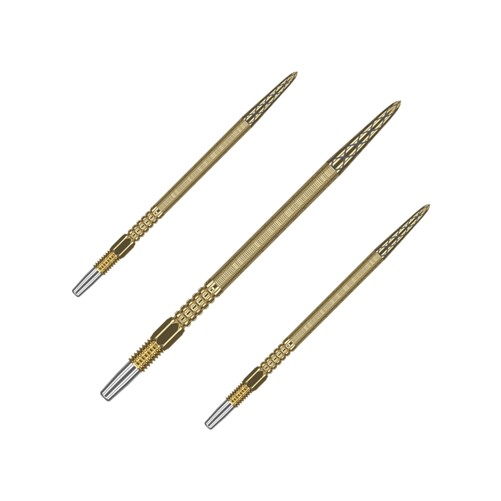 Target Swiss Point DX dart tips - gold Das Bild zeigt drei goldene Dartspitzen mit feiner Gravur. Sie sind in einer Reihe nebeneinander angeordnet und haben silberne Endstücke.