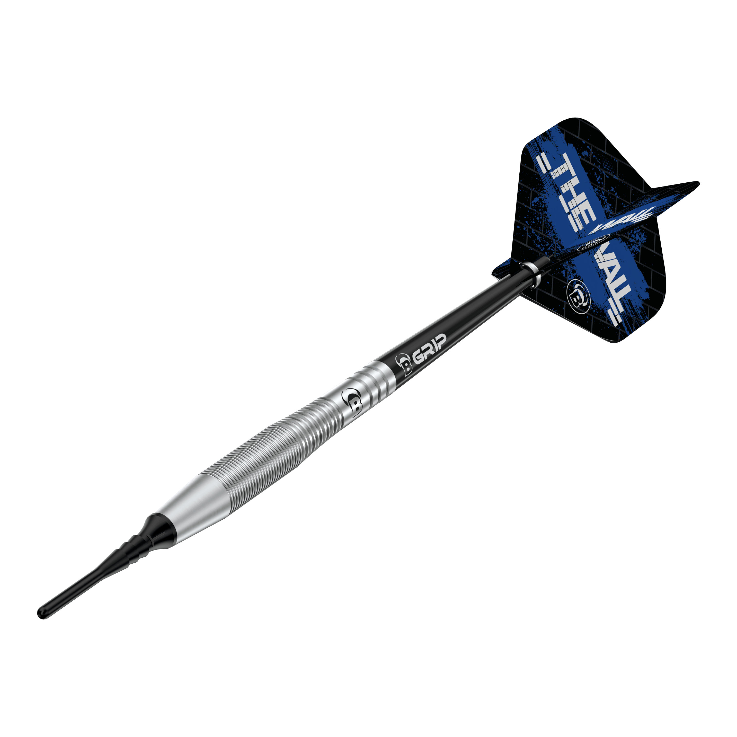 Bulls Martin Schindler TW80 soft darts - 18g Auf dem Bild ist der Bulls Martin Schindler TW80 Softdart mit einem Gewicht von 18g zu sehen. Der Dart hat ein silbernes Barrel und schwarze Flights mit blauem Design.