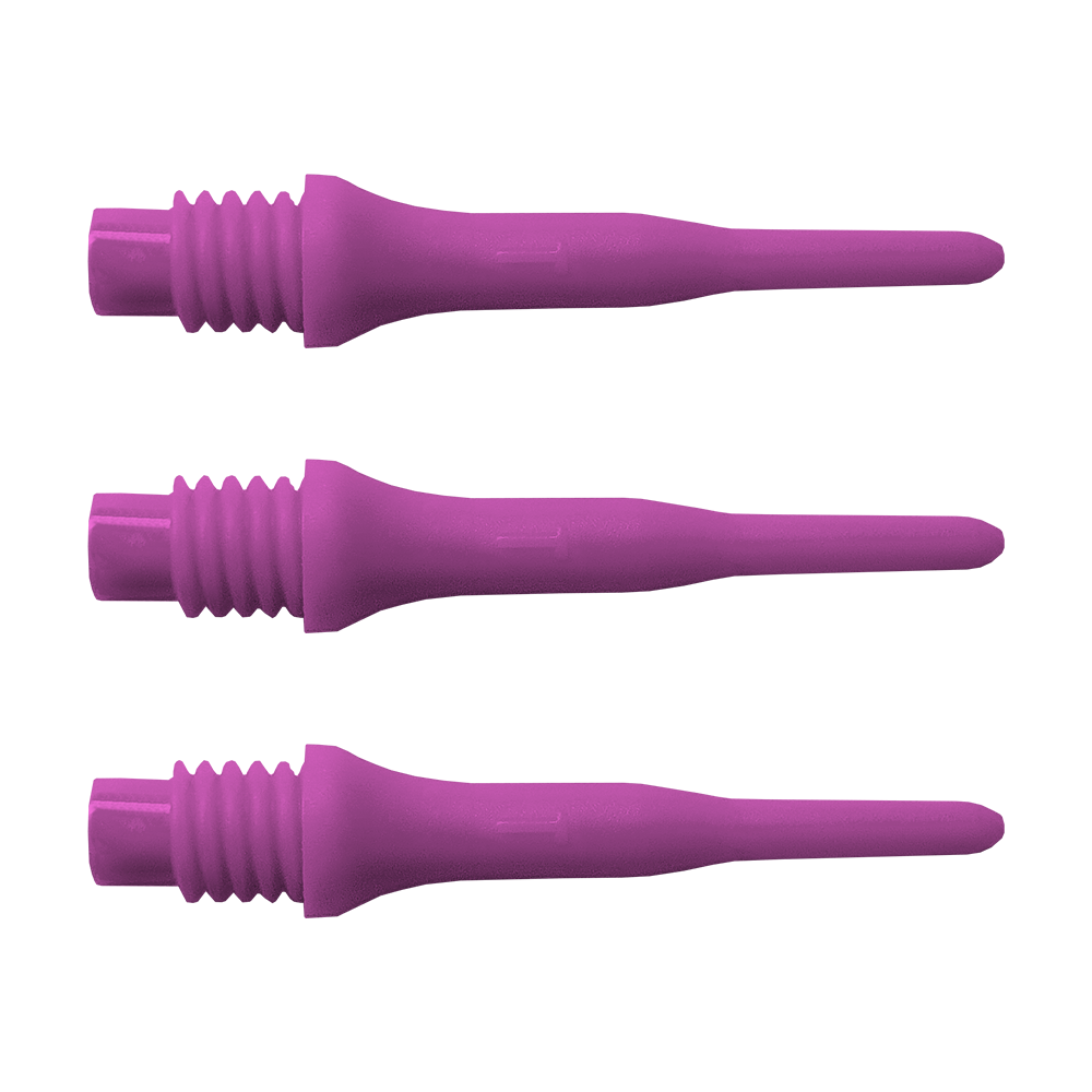 896_Bulls_Tefo_X_Softdart-Spitzen_100erPack_Pink_1I2UgU5RPRM89p Das Bild zeigt drei lila Dartspitzen nebeneinander. Es handelt sich um das Produkt "Bulls Tefo X Spitzen (1000er) Pack - Spitzen".